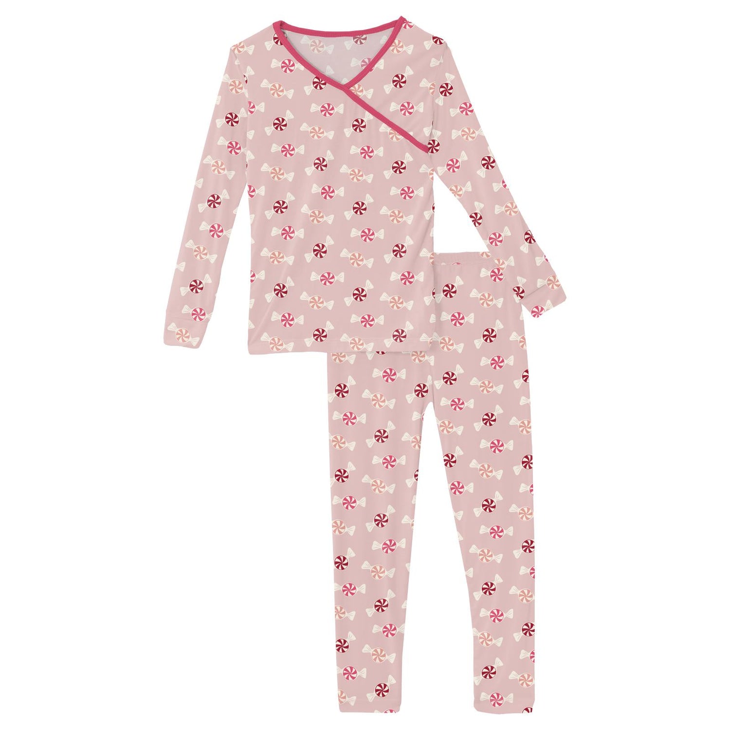 Print Long Sleeve Kimono Pajama Set in Baby Rose Peppermints