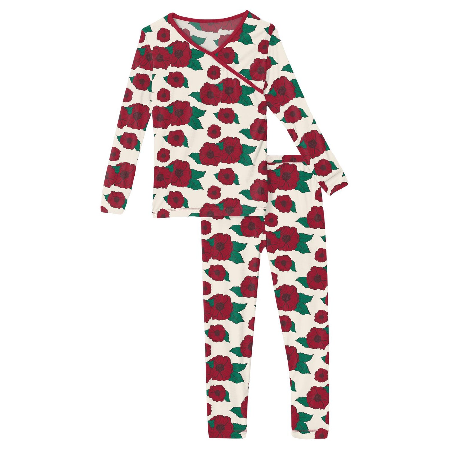 Print Long Sleeve Kimono Pajama Set in Holiday Poppies