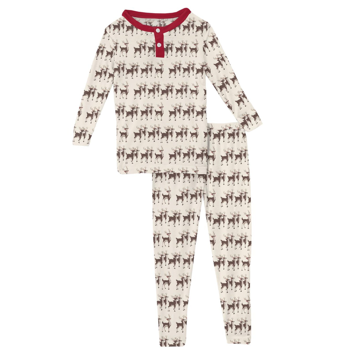 Print Long Sleeve Henley Pajama Set in Natural Rudolph
