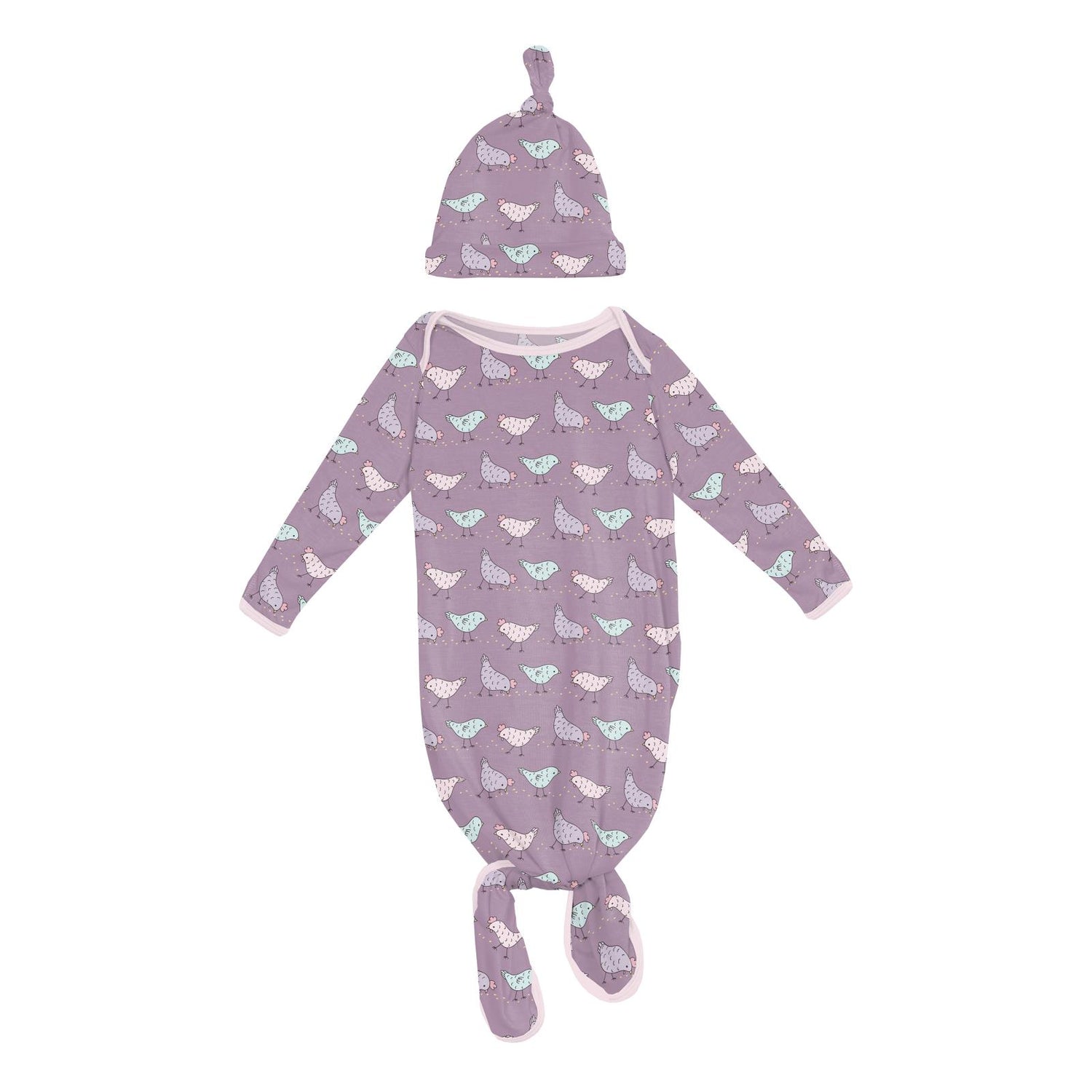 Print Knotted Layette Gown & Hat Set in Lavender Chickens (Preemie-Newborn)