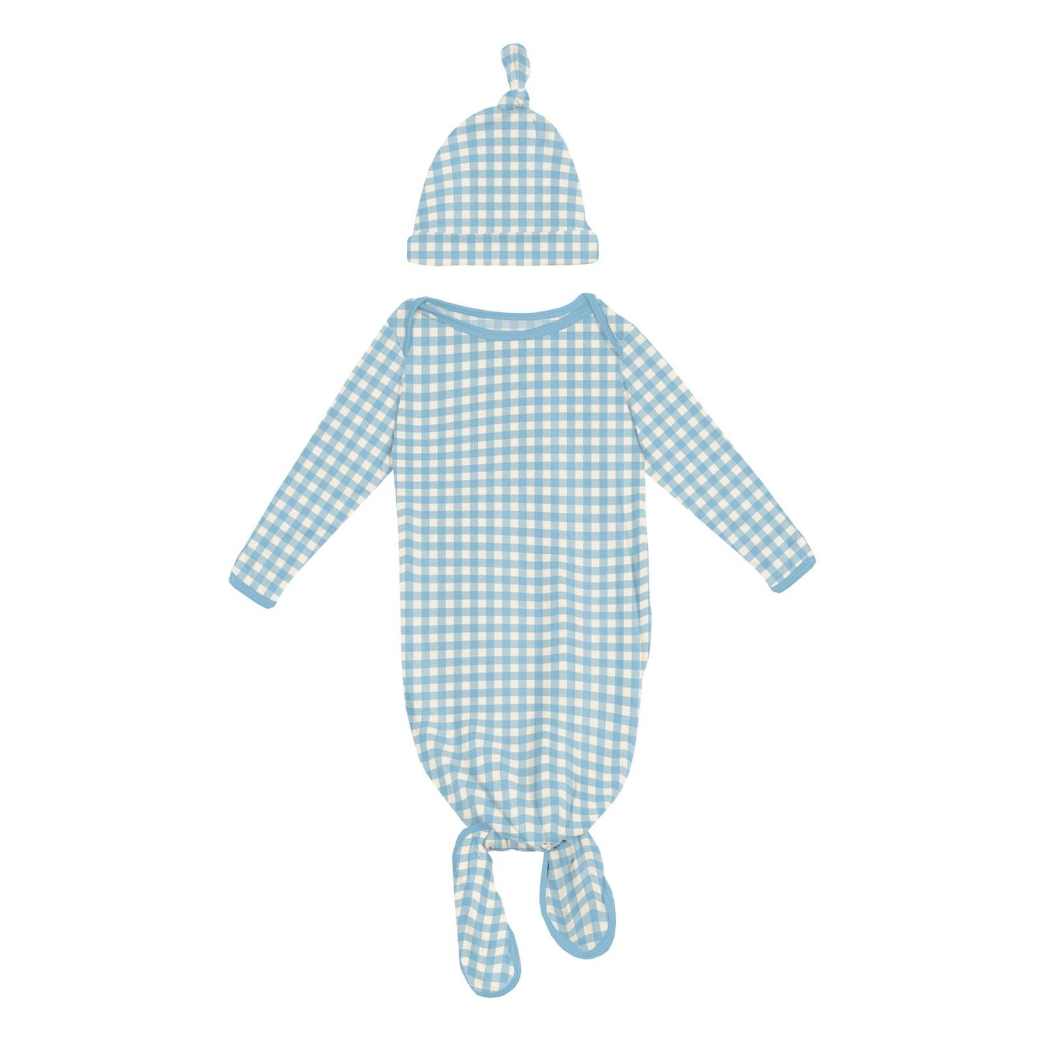 Print Knotted Layette Gown & Hat Set in Seaside Blue Gingham (Preemie-Newborn)