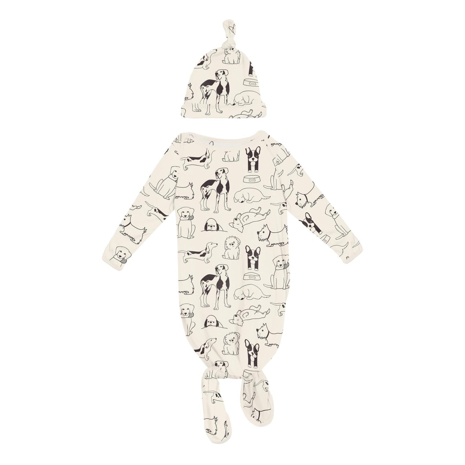 Print Knotted Layette Gown & Hat Set in Natural Dogs