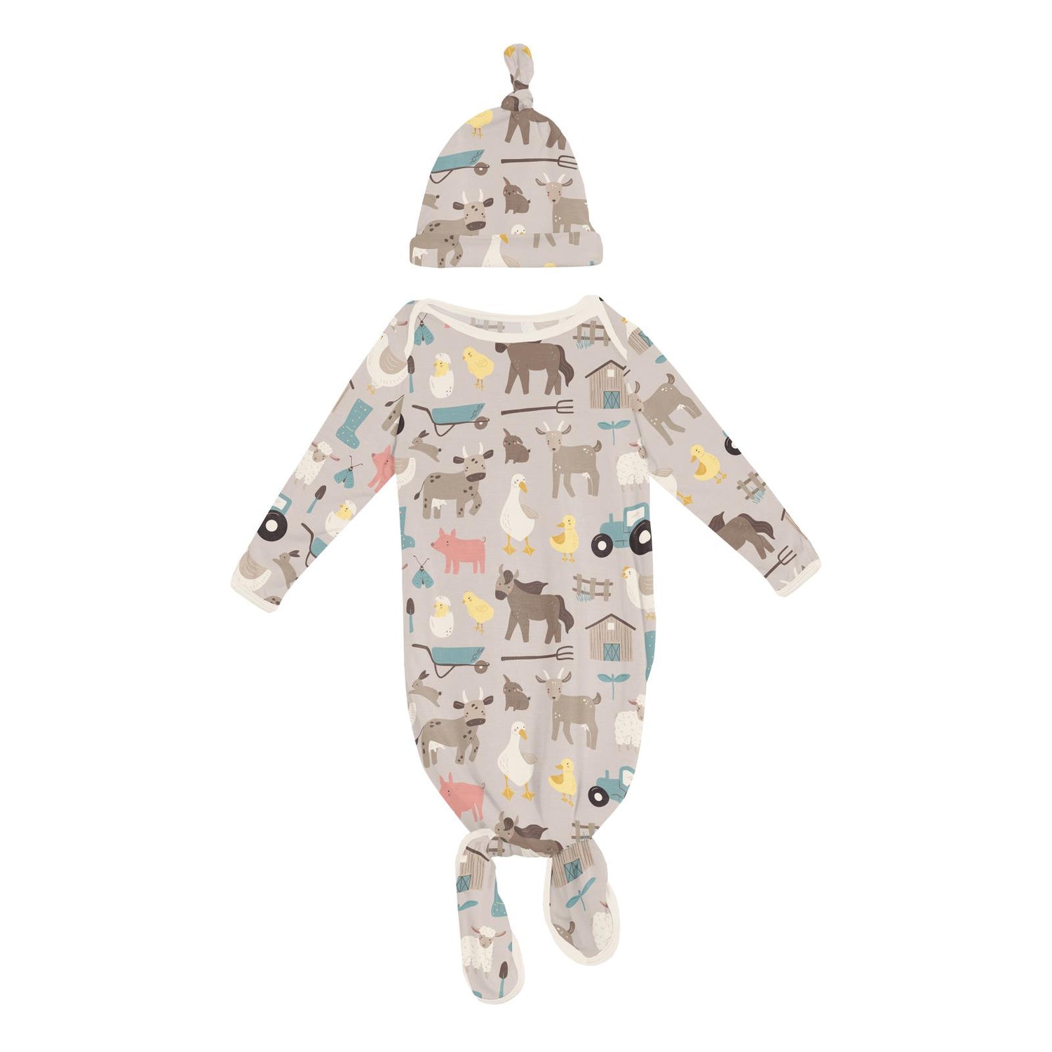 Print Knotted Layette Gown & Hat Set in Latte Morning on the Farm (317775)