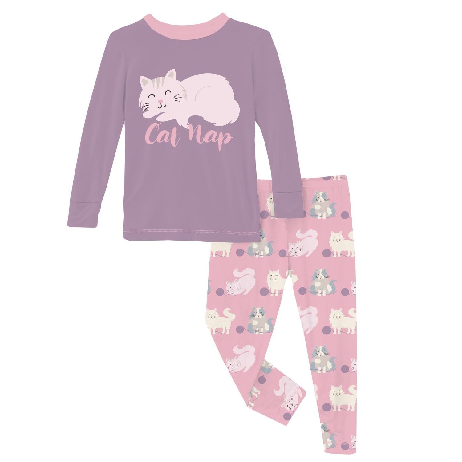 Long Sleeve Graphic Tee Pajama Set in Cake Pop Cats and Yarn (317802)