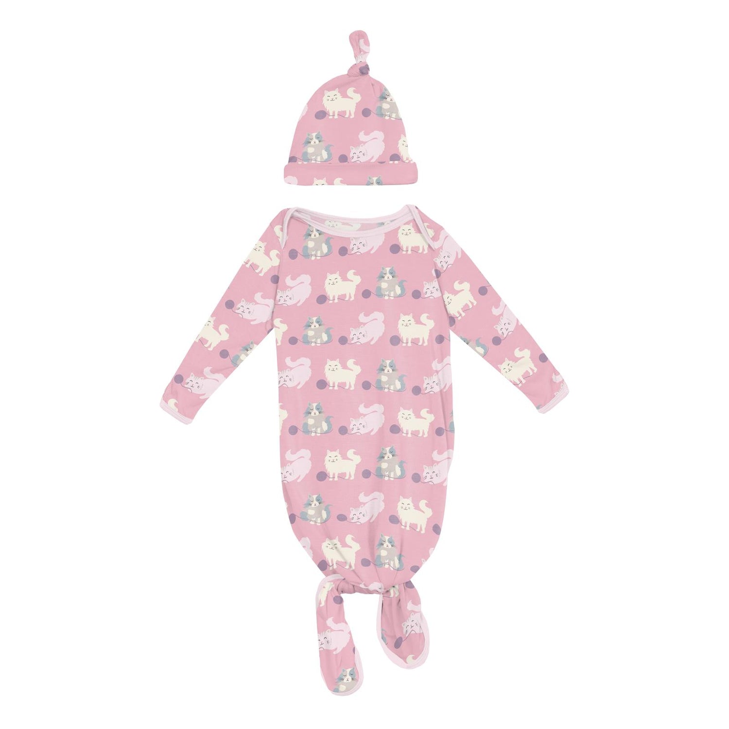 Print Knotted Layette Gown & Hat Set in Cake Pop Cats and Yarn
