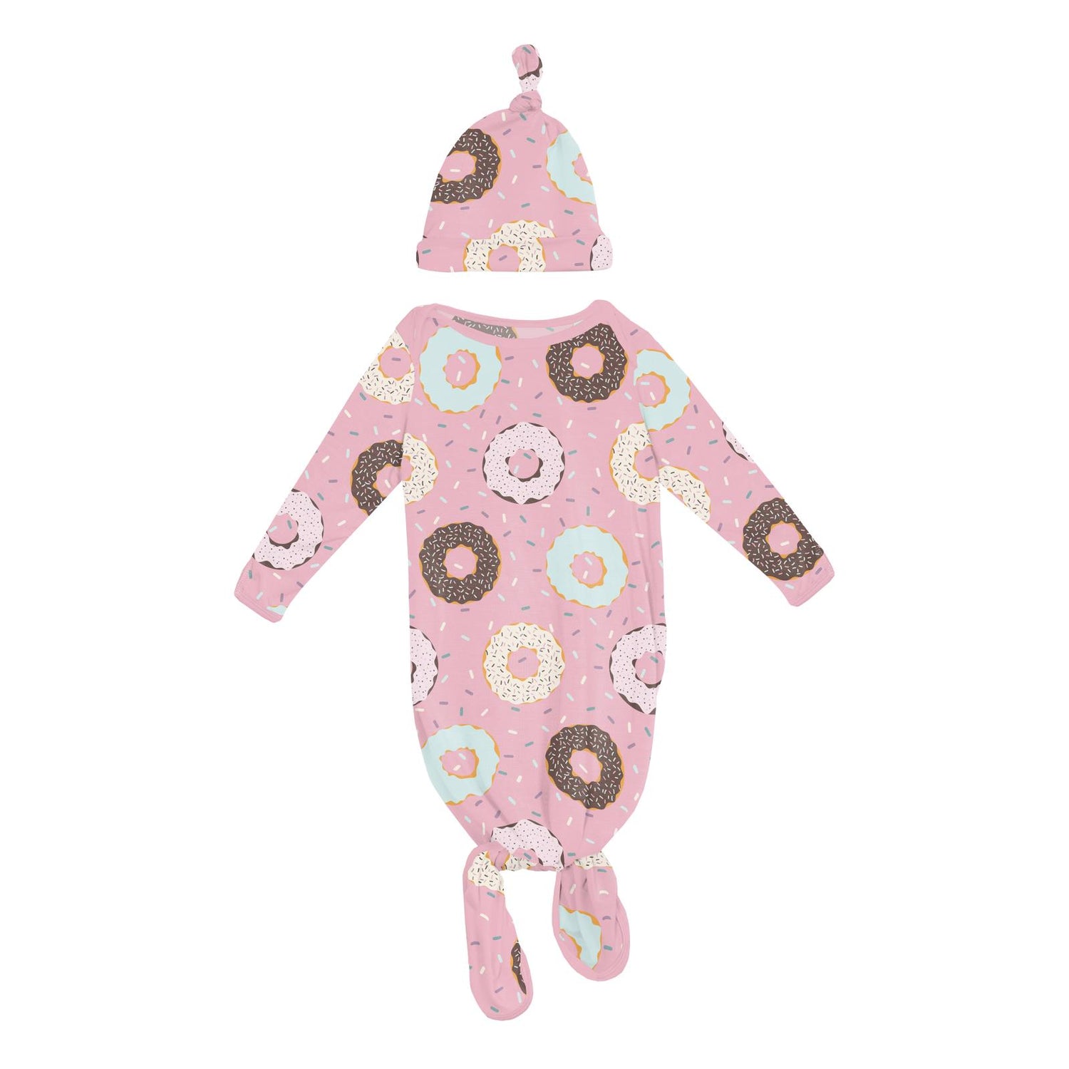 Print Knotted Layette Gown & Hat Set in Cake Pop Donuts and Sprinkles