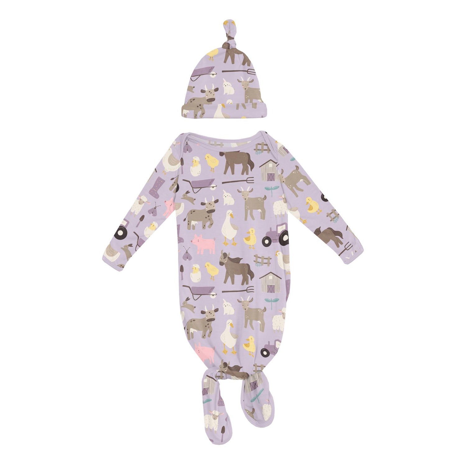 Print Knotted Layette Gown & Hat Set in Thistle Morning on the Farm