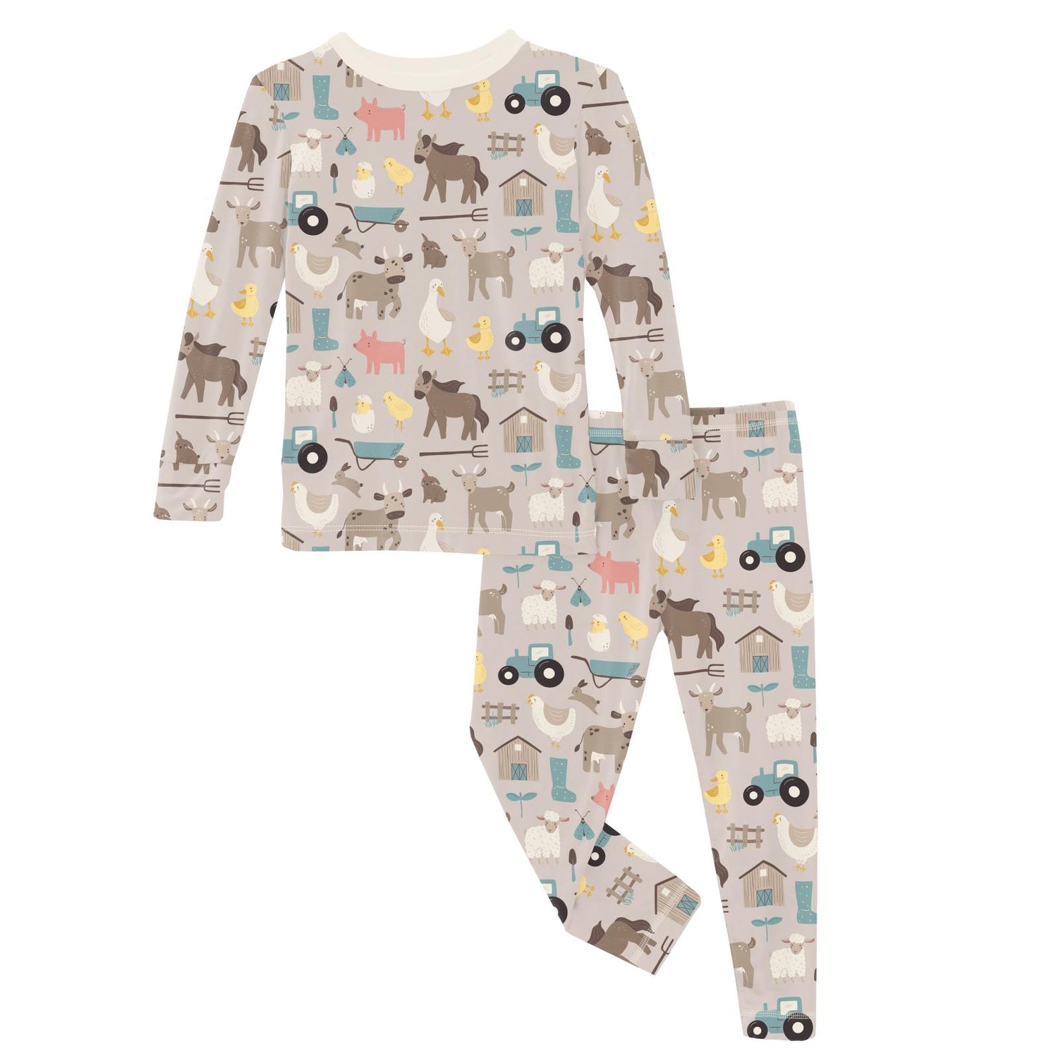 Print Long Sleeve Pajama Set in Latte Morning on the Farm (317872)