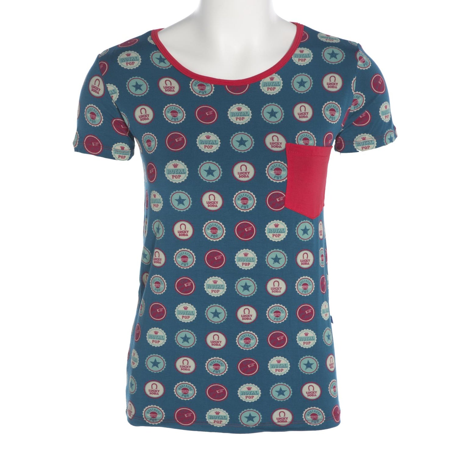 Print Short Sleeve Relaxed Tee with Pocket in Soda Pop Caps