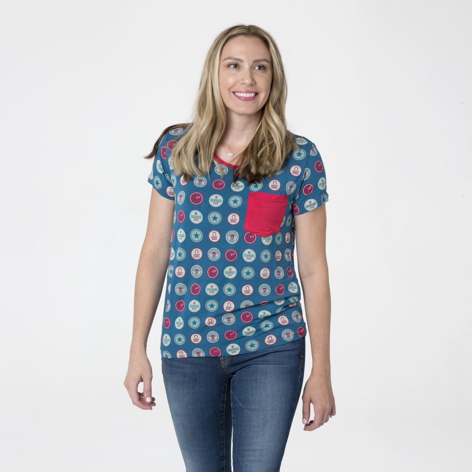 Print Short Sleeve Relaxed Tee with Pocket in Soda Pop Caps