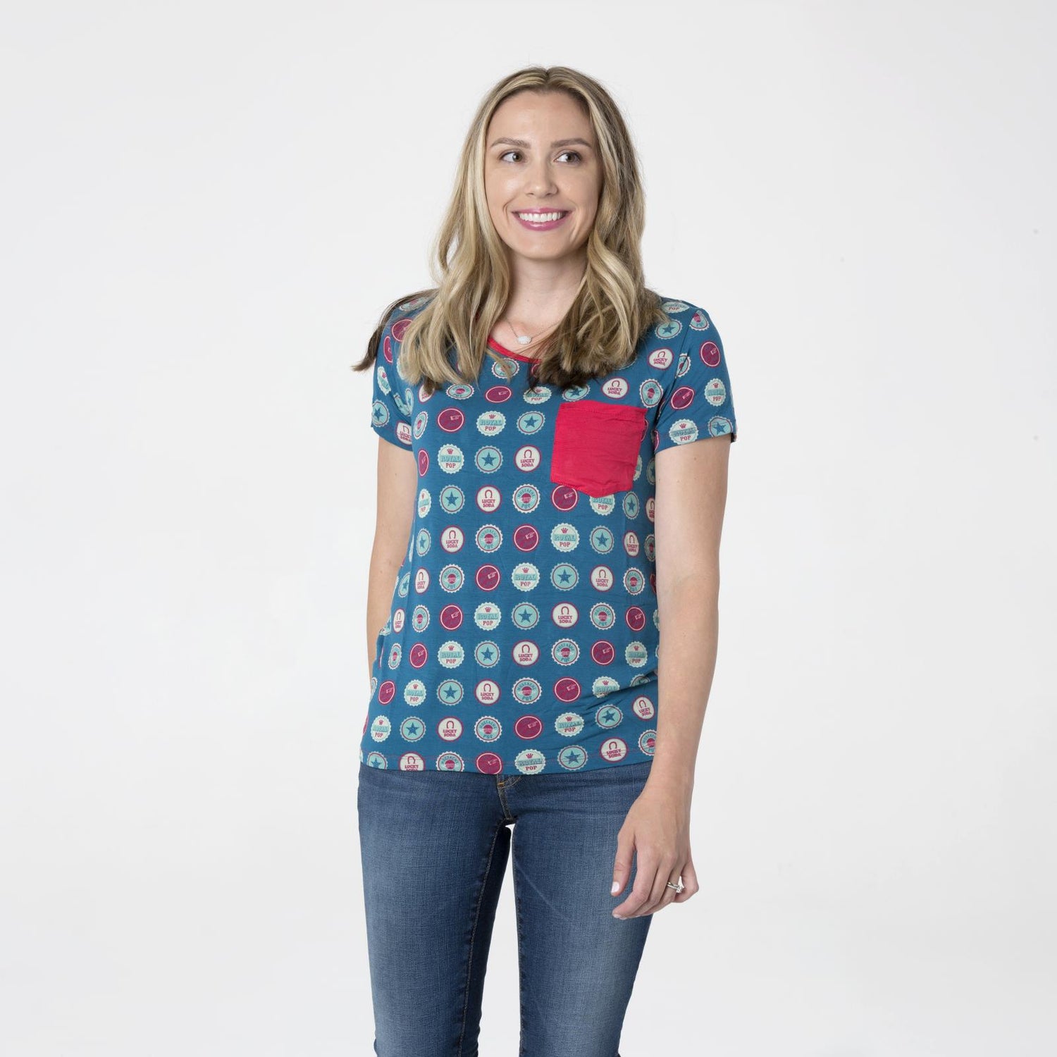 Print Short Sleeve Relaxed Tee with Pocket in Soda Pop Caps