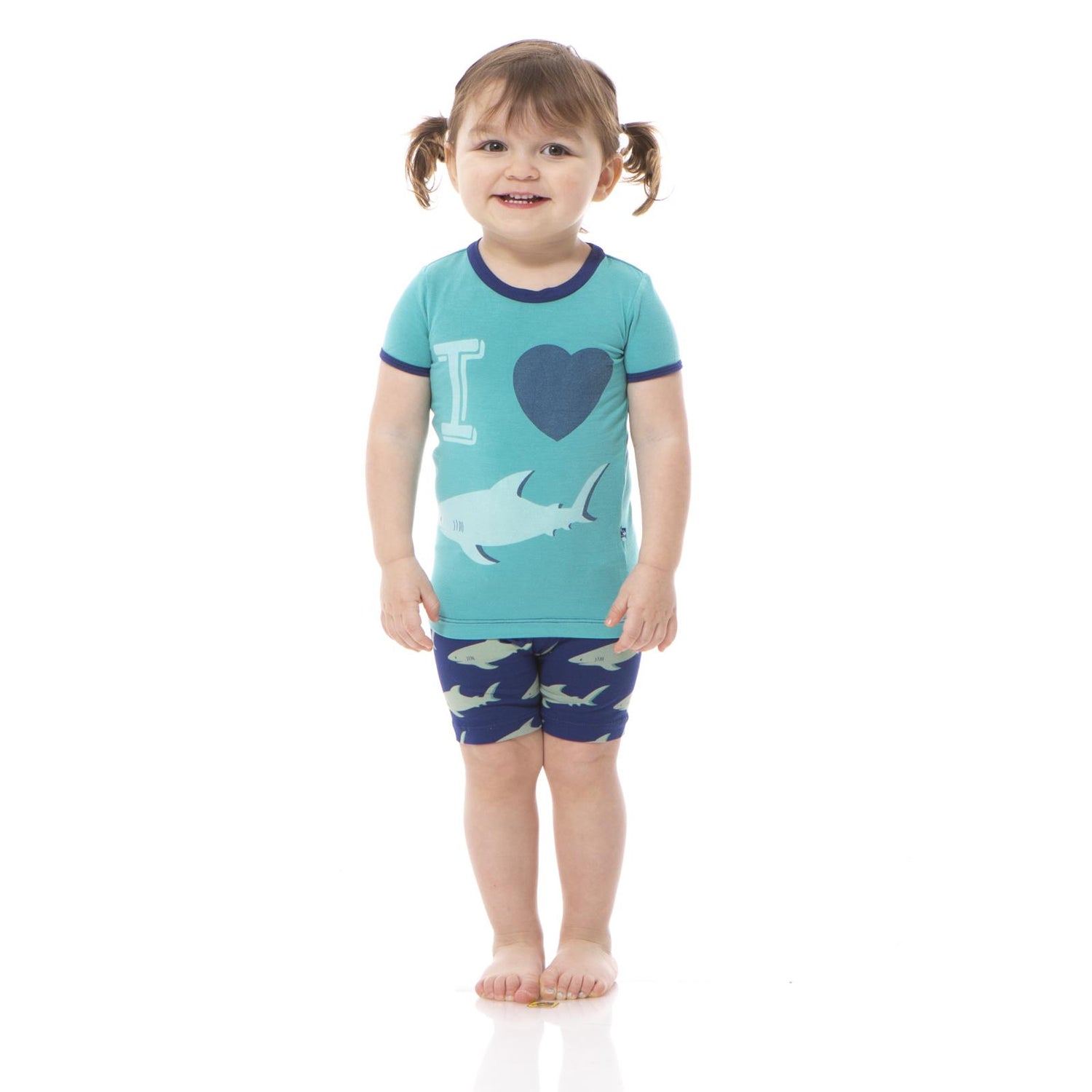 Short Sleeve Graphic Tee Pajama Set with Shorts in Flag Blue Sharky (228347)