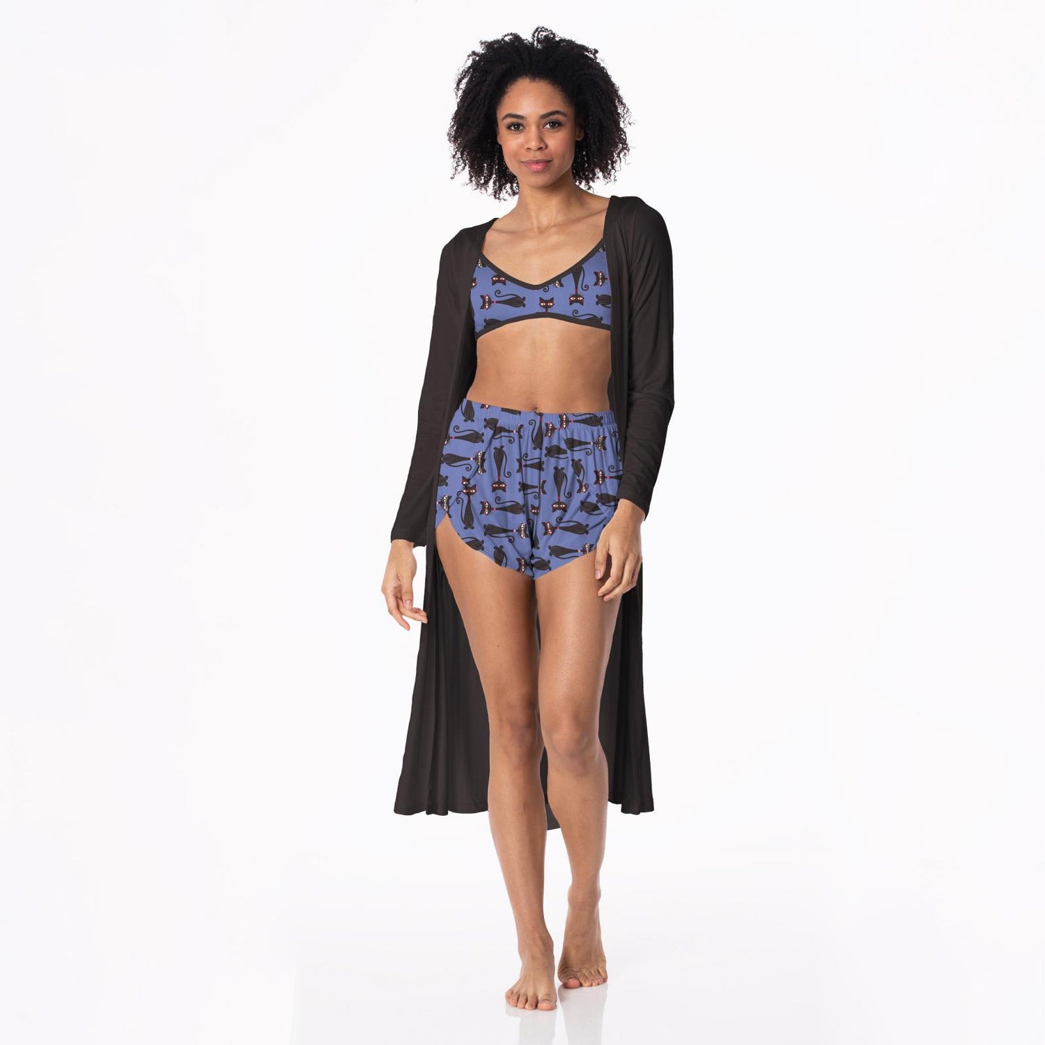 Women's Print Sleeping Bra, Tulip Shorts and Duster Robe Set in Forget Me Not Cool Cats