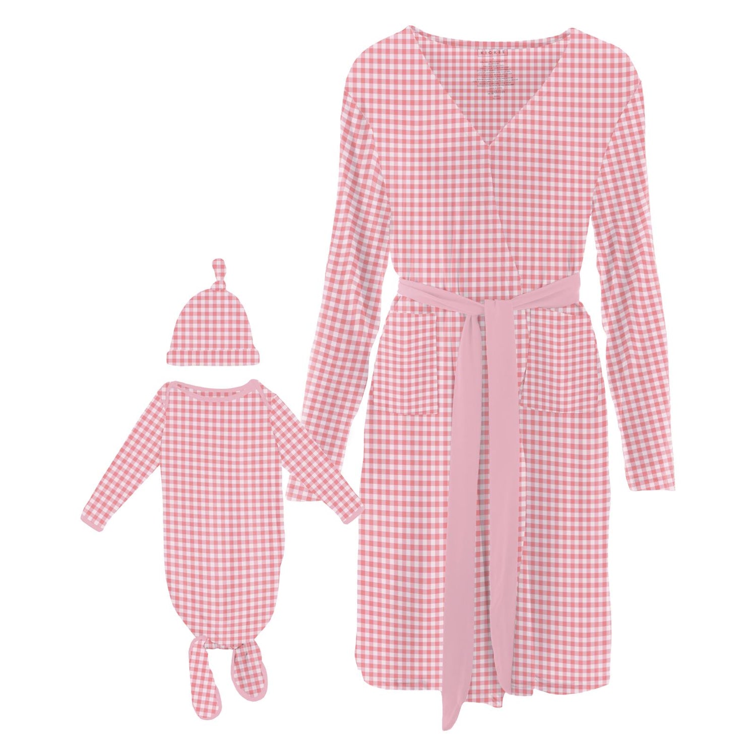 Women's Print Mid-Length Lounge Robe & Knotted Layette Gown Set in Cake Pop Gingham