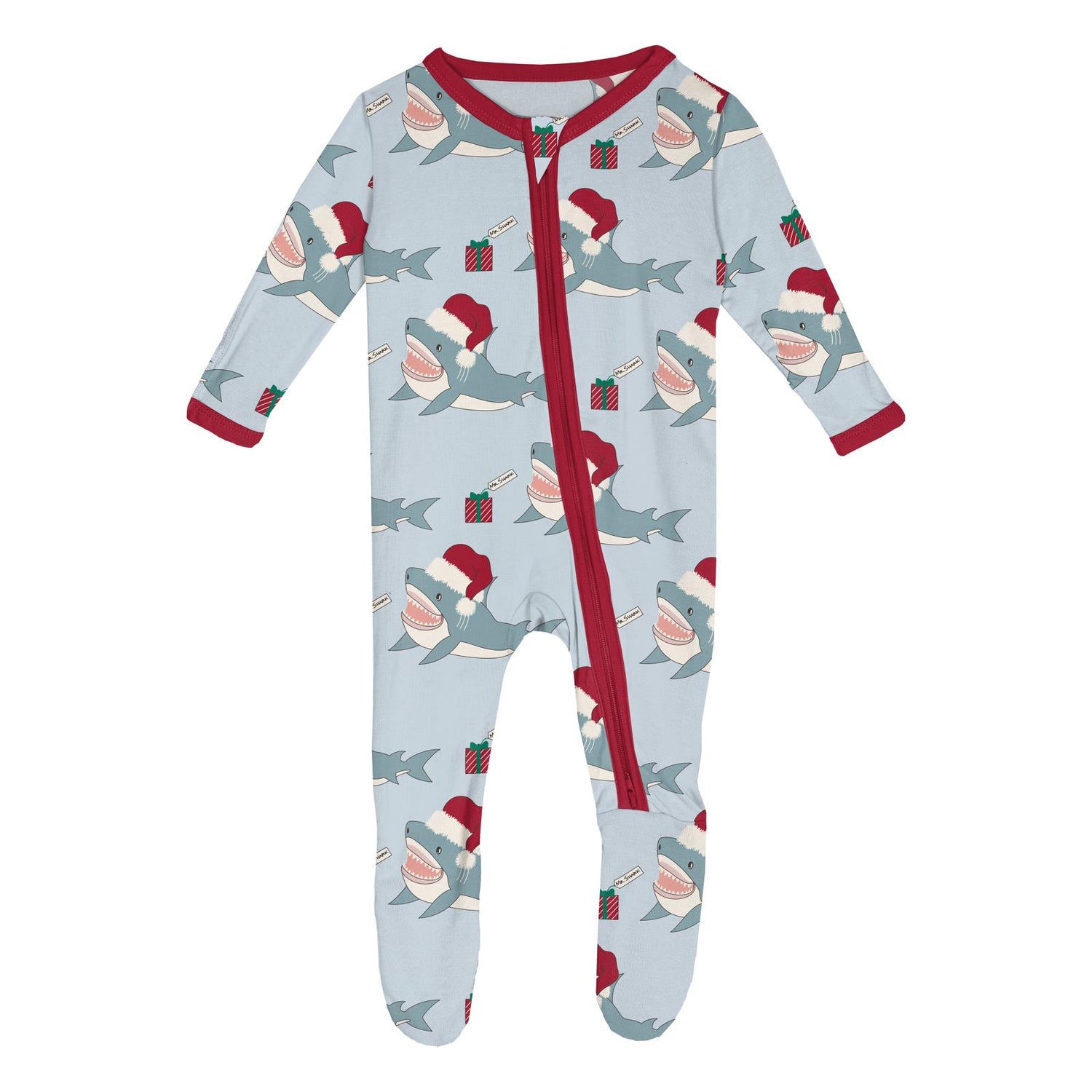 Print Footie with 2 Way Zipper in Illusion Blue Holiday Sharks