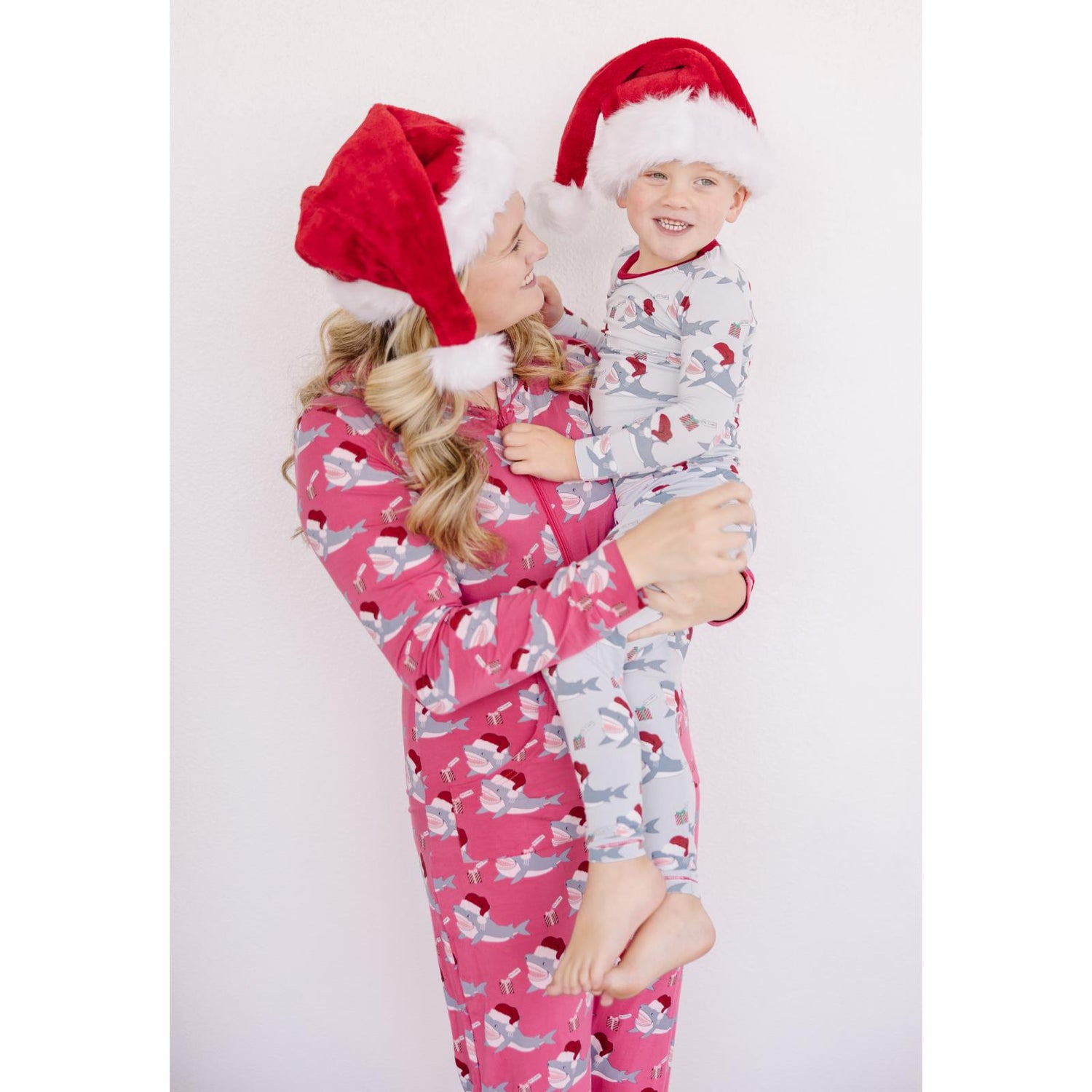 Women's Print Long Sleeve Jumpsuit with Hood in Winter Rose Holiday Sharks