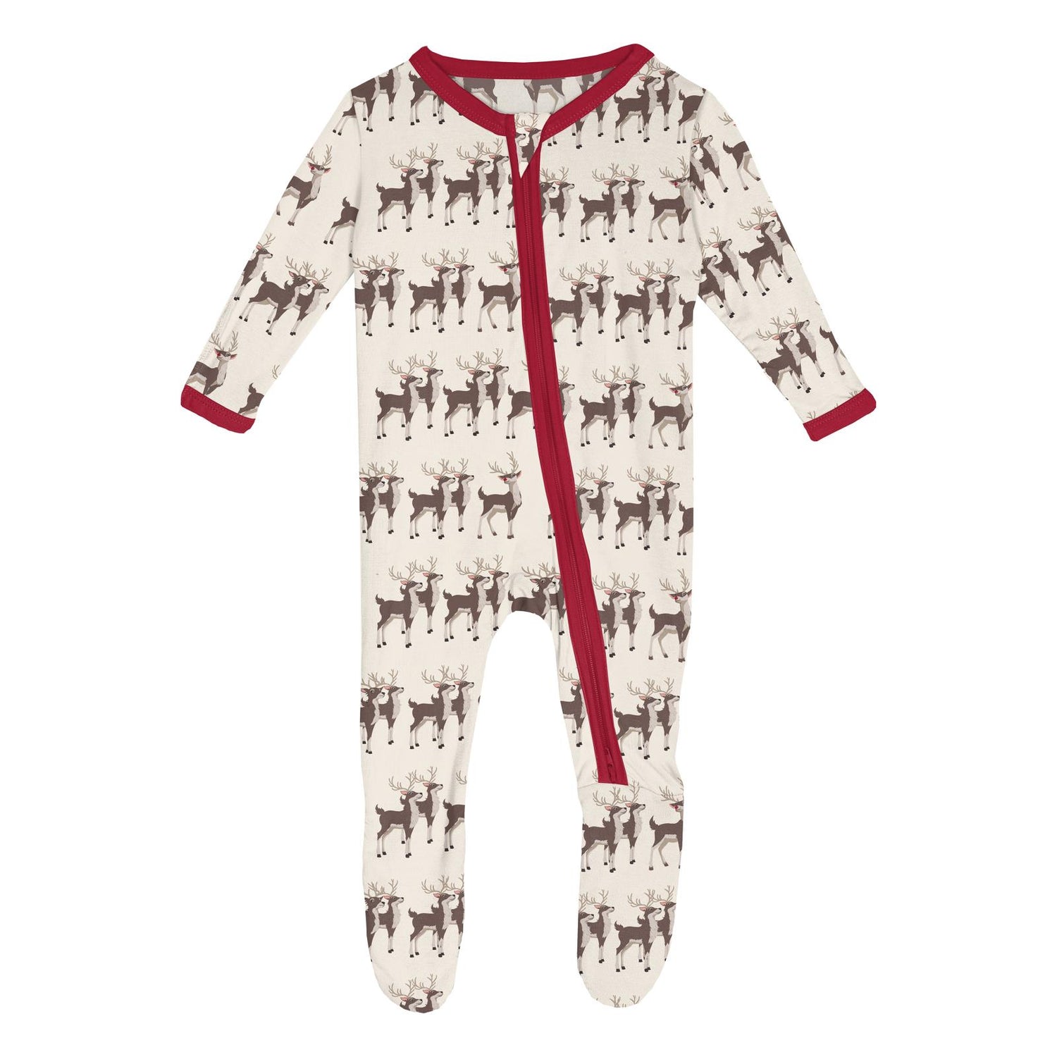 Print Footie with 2 Way Zipper in Natural Rudolph