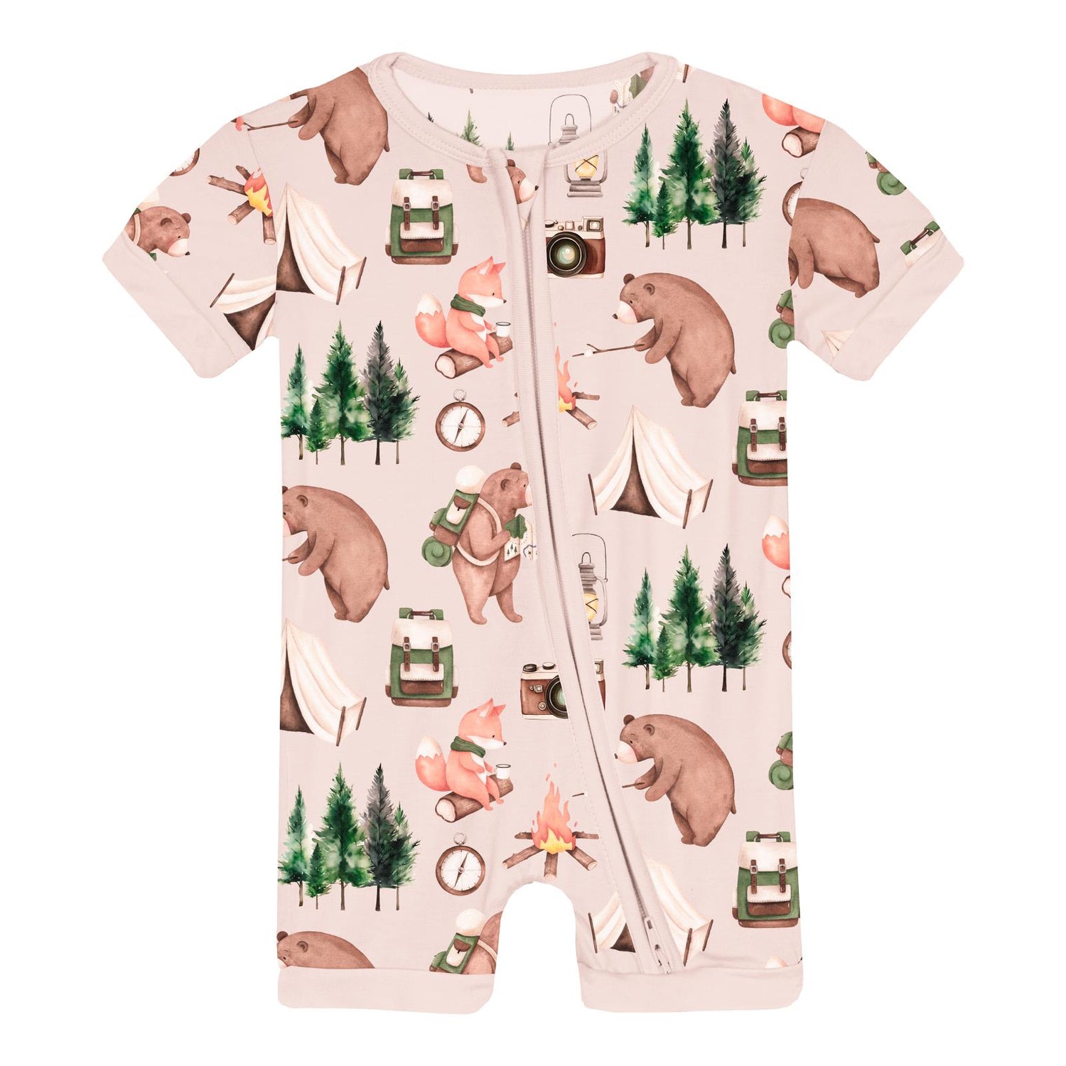 Print Shorty Sleeper with Zipper in Latte Camping Animals (318322)