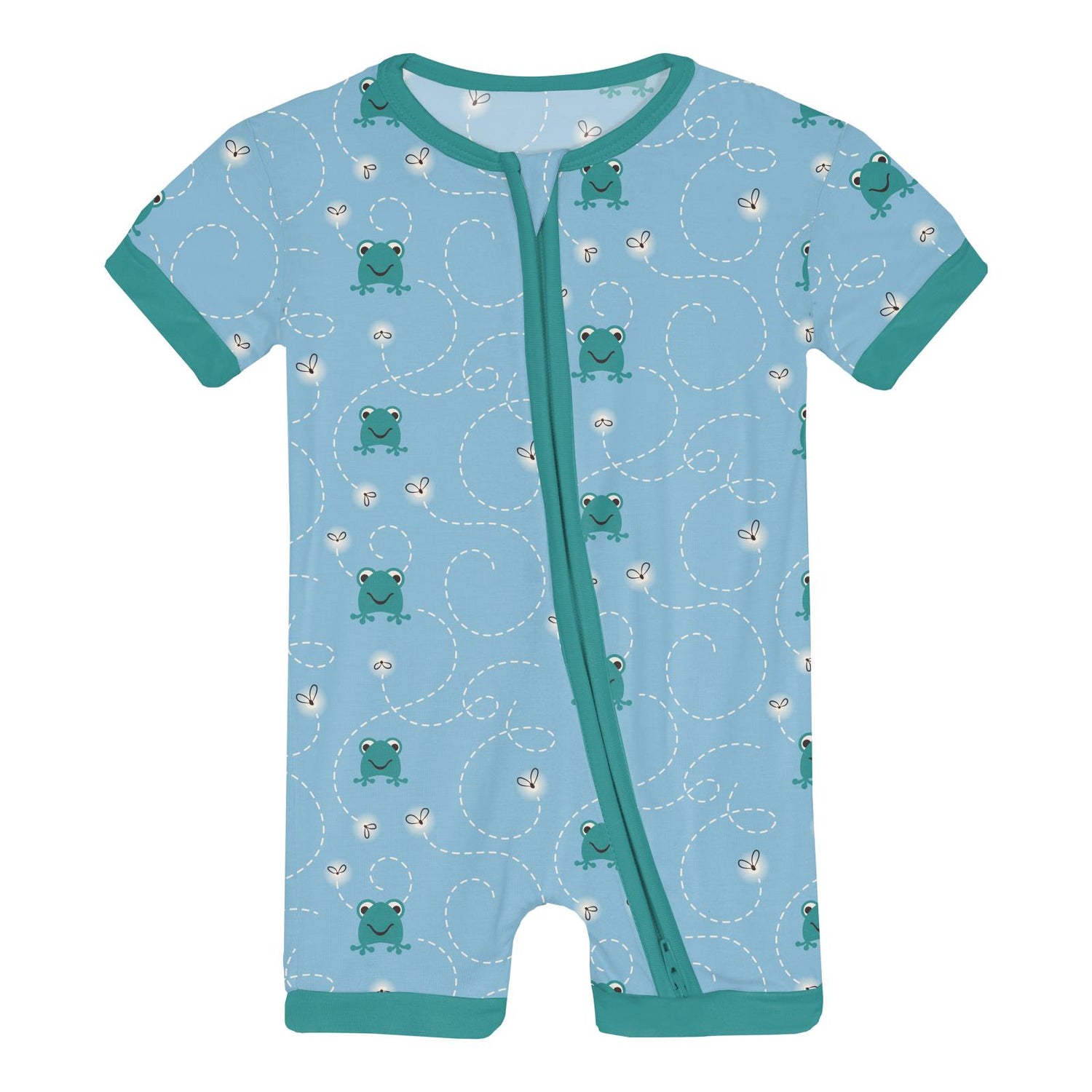 Print Shorty Sleeper with Zipper in Seaside Blue Frogs & Flies
