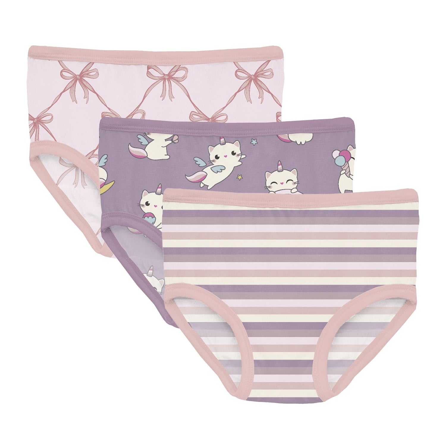 Print Girl's Underwear Set of 3 in Shrinking Violet Bow Lattice, Lavender Bliss Stripe & Lavender Caticorn (361367)