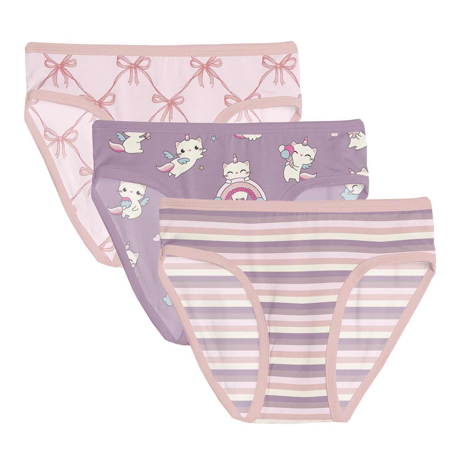 Print Girl's Underwear Set of 3 in Shrinking Violet Bow Lattice, Lavender Bliss Stripe & Lavender Caticorn (361371)