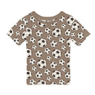 Portabella Soccerの半袖クルーネックTシャツ。茶色地のサッカーボール柄が見える平置き正面。