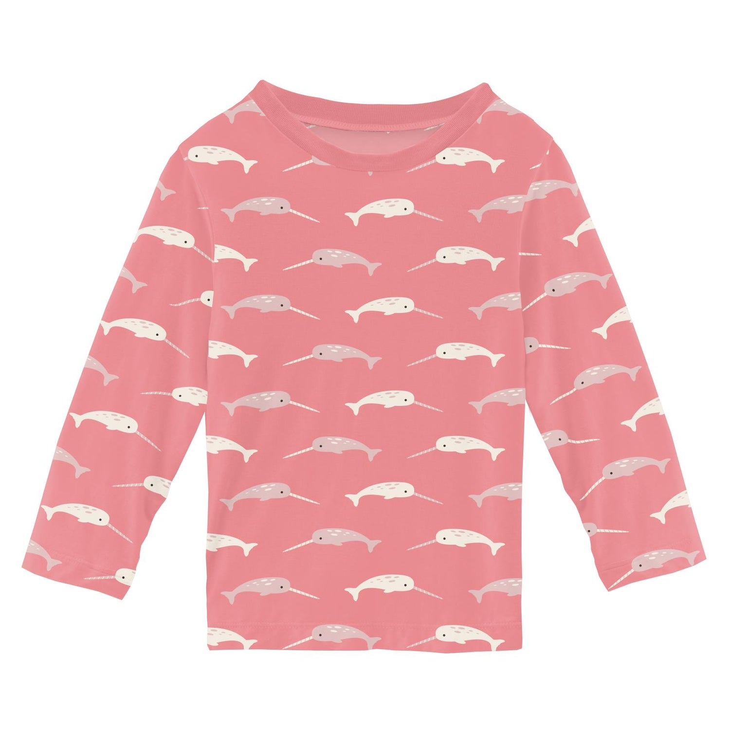 Print Long Sleeve Easy Fit Crew Neck Tee in Strawberry Narwhal