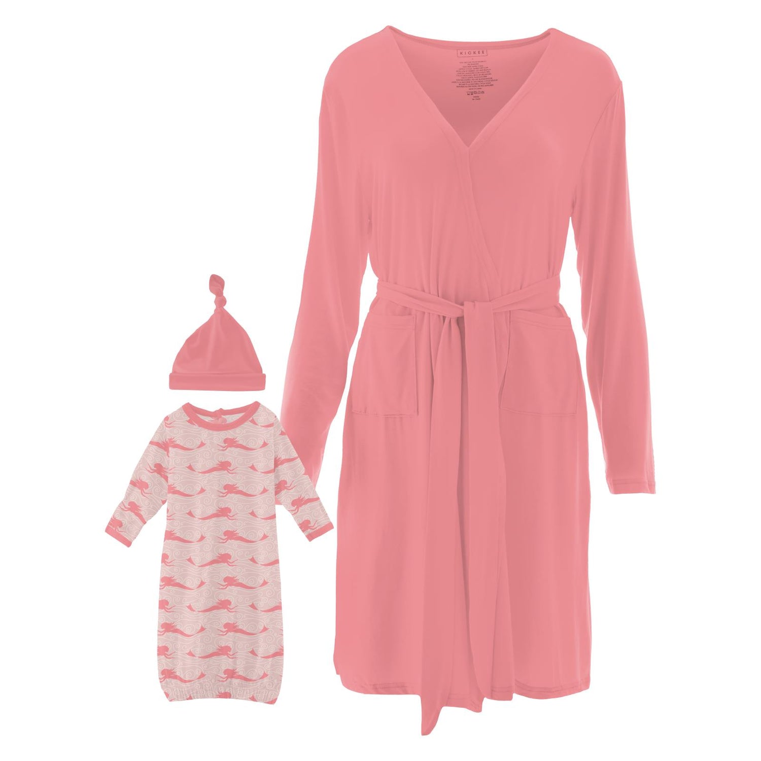 Women's Print Mid Length Lounge Robe & Layette Gown Set in Baby Rose Mermaid