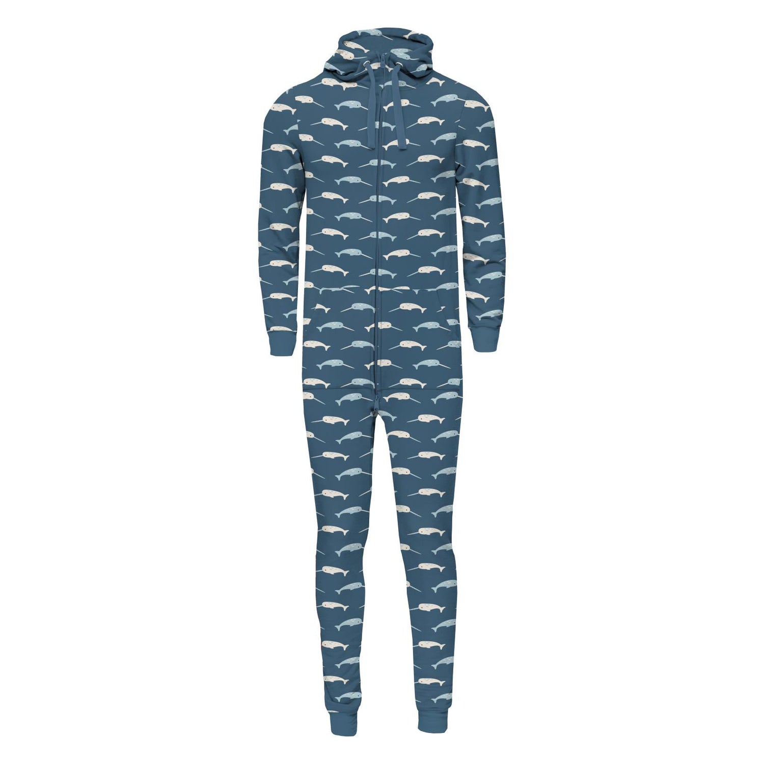 Print Adult Fleece Jumpsuit with Hood in Deep Sea Narwhal