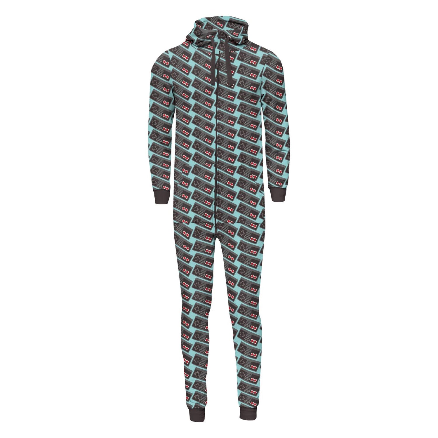 Print Adult Fleece Jumpsuit with Hood in Summer Sky Retro Game Controller