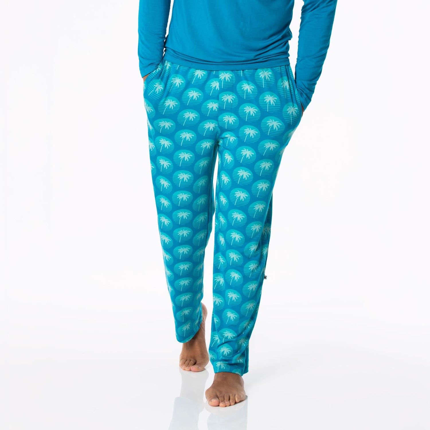 Men's Print Pajama Pants in Cerulean Blue Palm Tree Sun