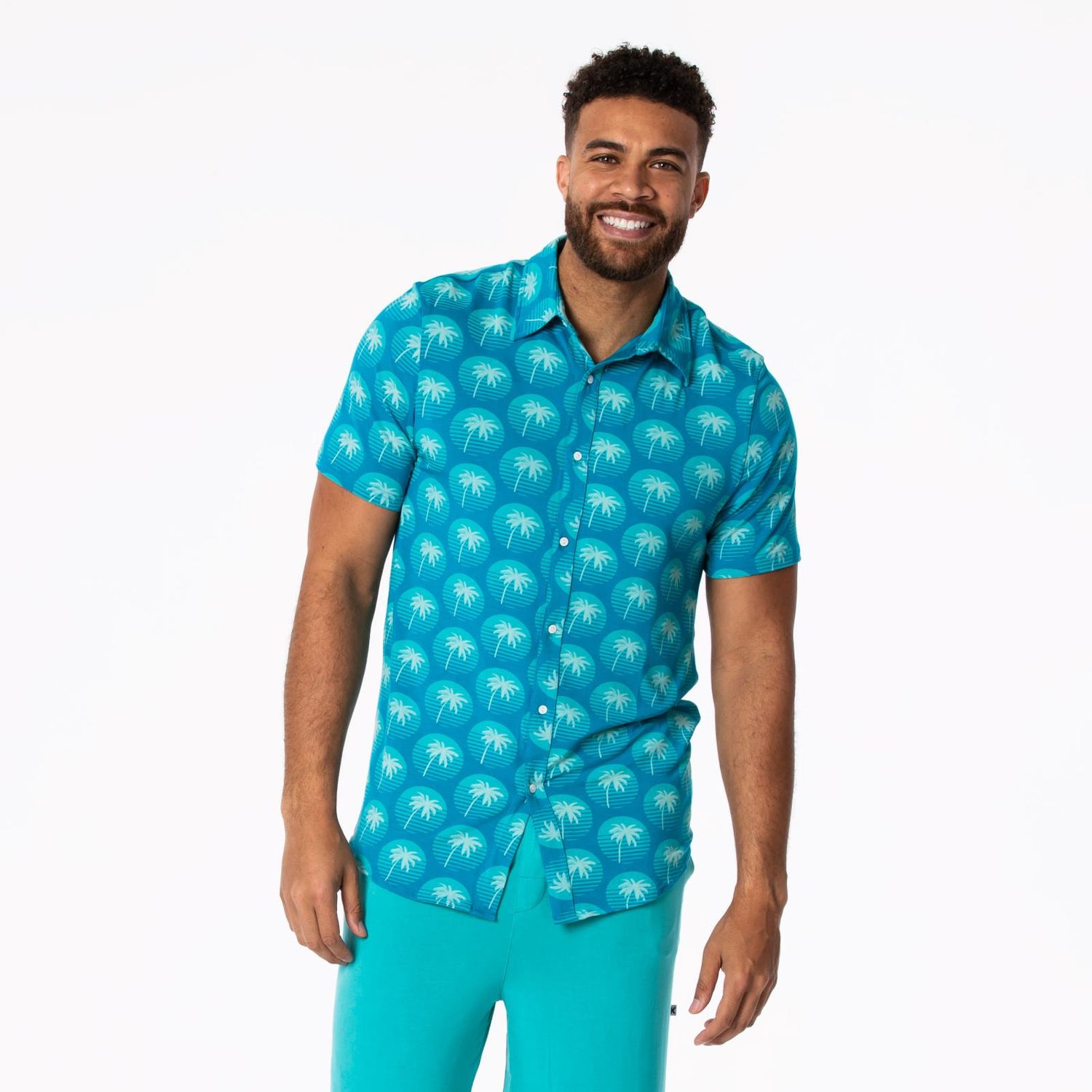 Men's Print Short Sleeve Button Down Shirt in Cerulean Blue Palm Tree Sun