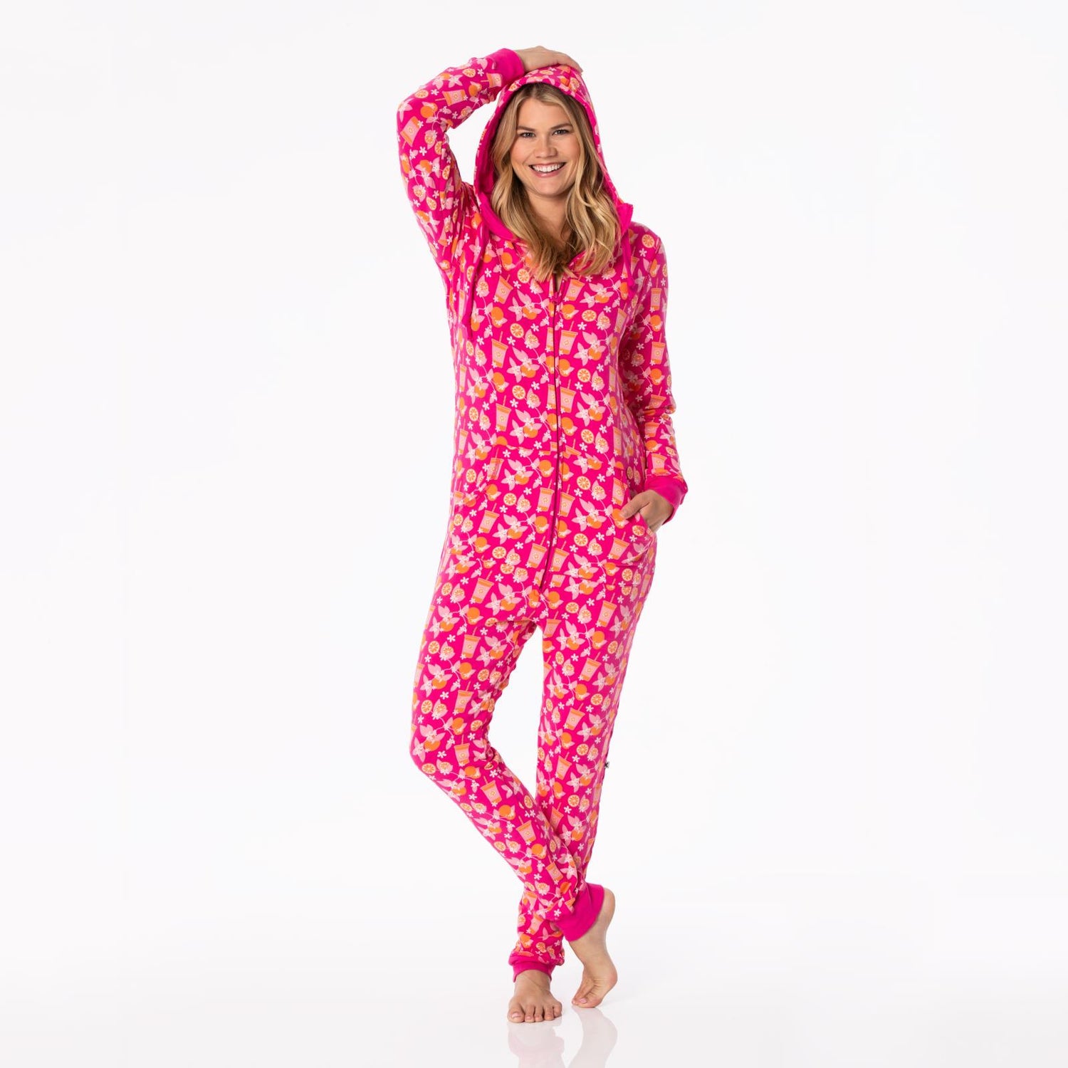 Print Adult Fleece Jumpsuit with Hood in Calypso Orange Cream