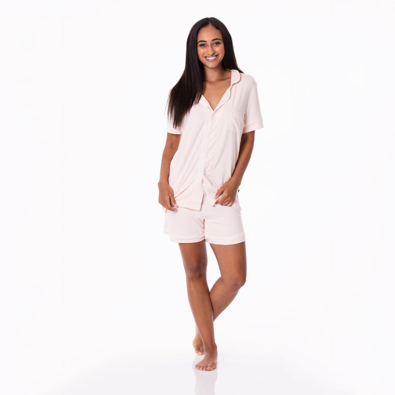 Women's Short Sleeve Collared Pajama Set with Shorts in Macaroon with Natural
