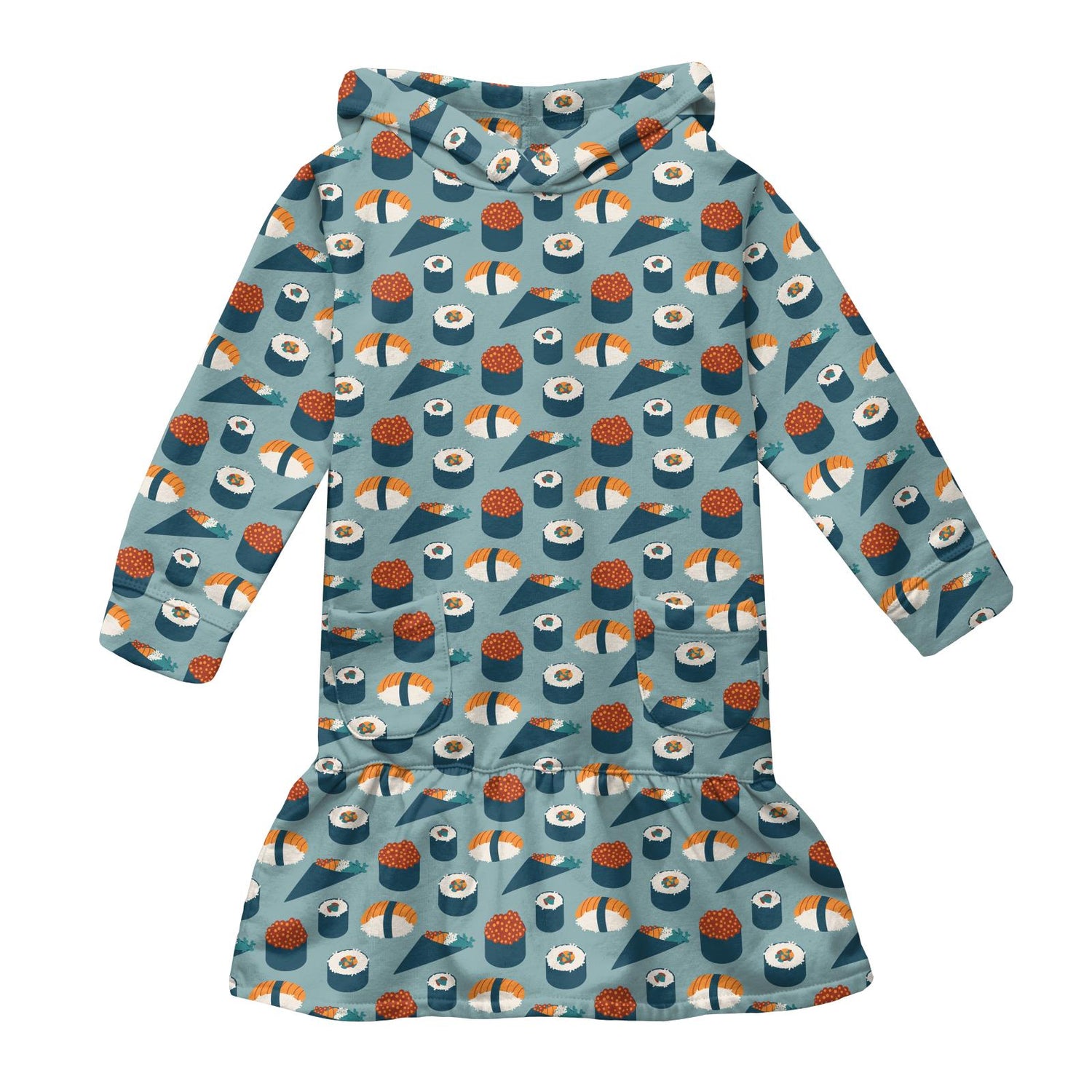 Print Long Sleeve Fleece Hoodie Dress in Jade Sushi
