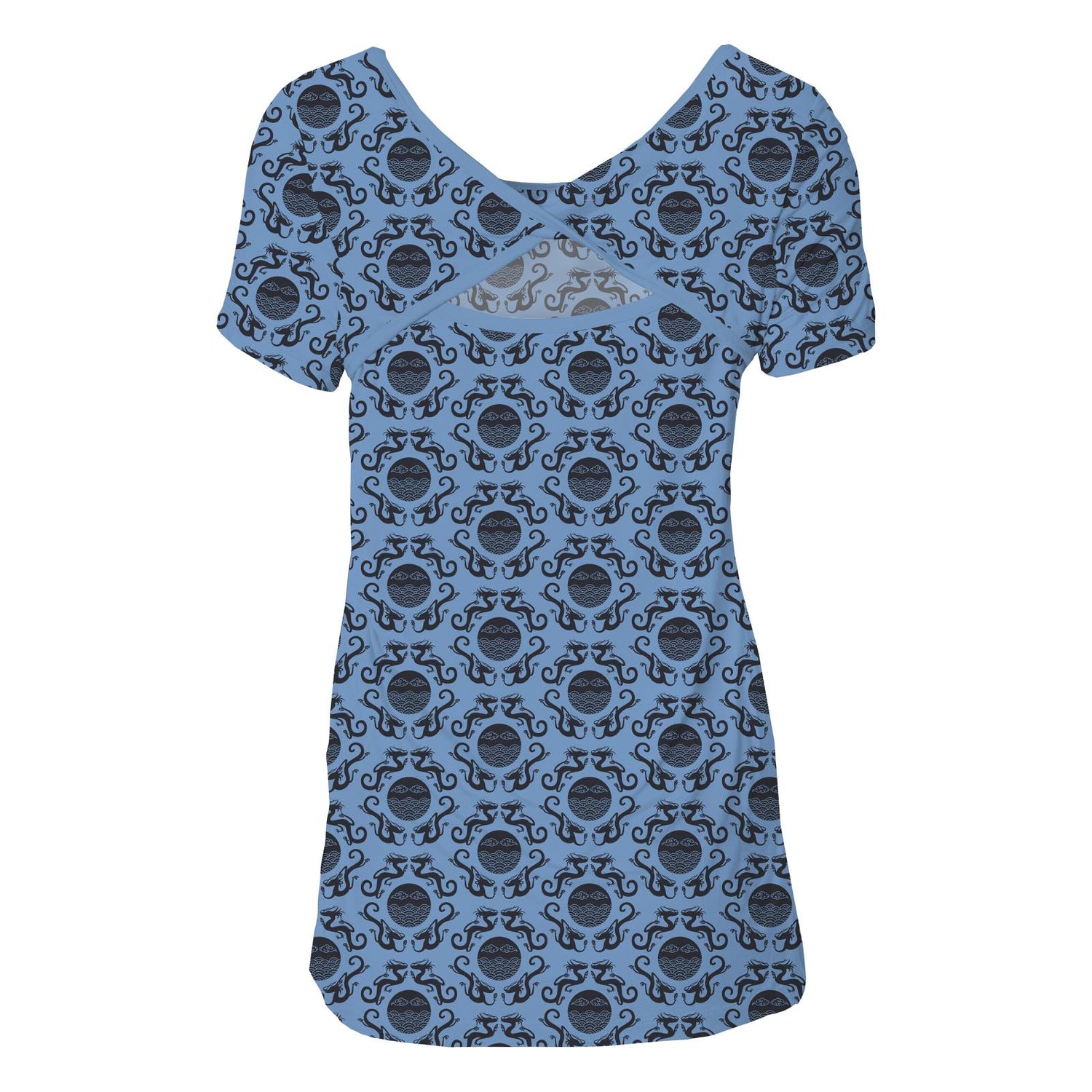 Women's Print Short Sleeve Twist-Back Tee in Dream Blue Four Dragons