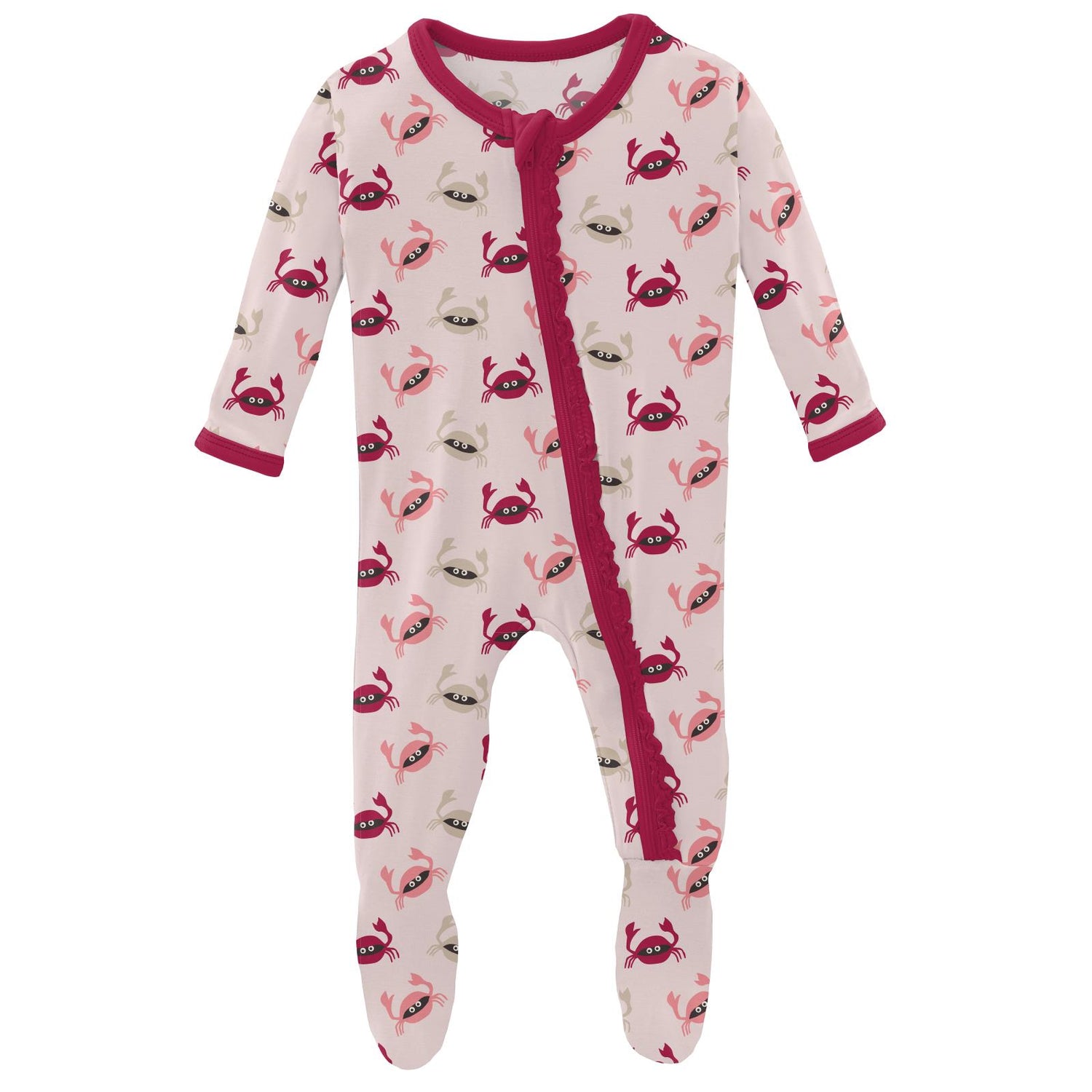Print Muffin Ruffle Footie with Zipper in Macaroon Crabs