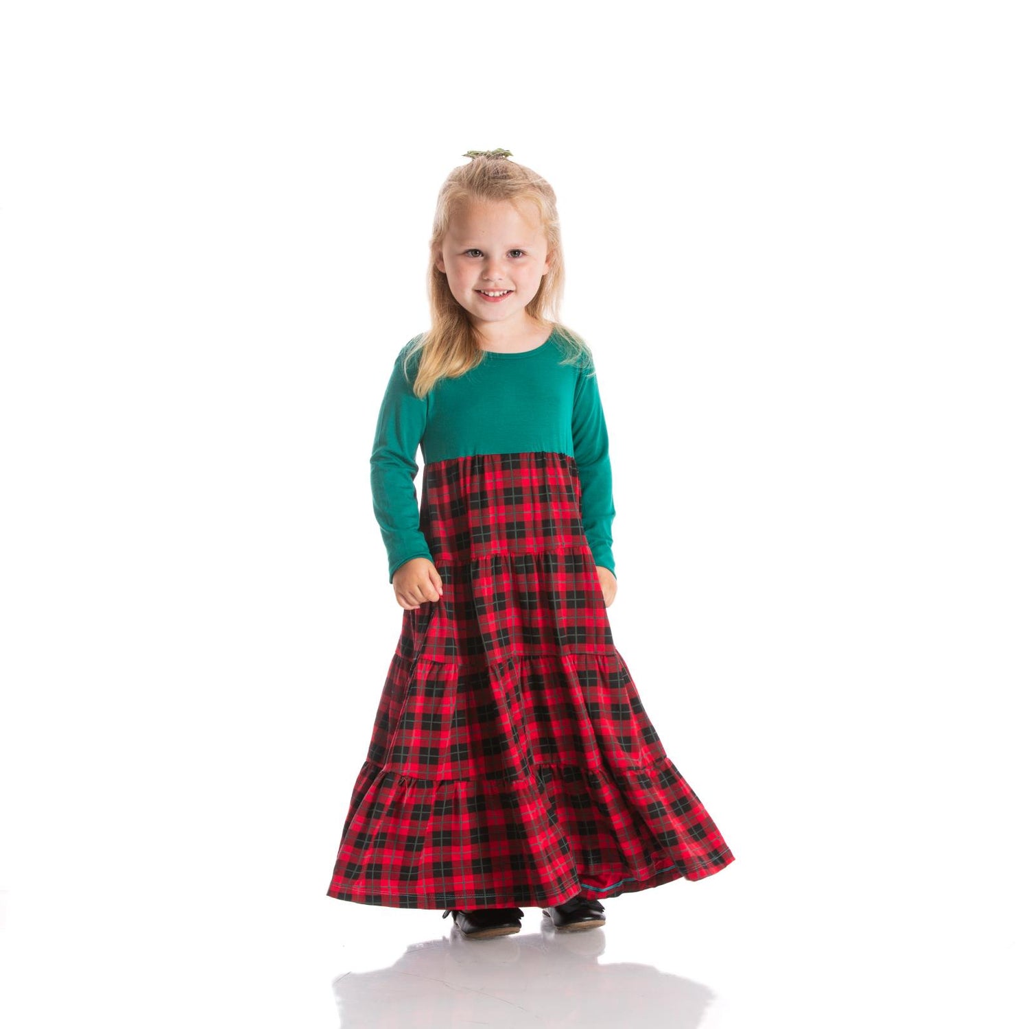 Print Long Sleeve Tiered Dress in Anniversary Plaid