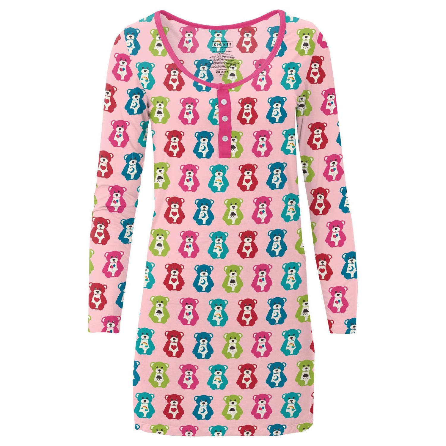 Women's Print Long Sleeve Nightshirt in Lotus Happy Teddy