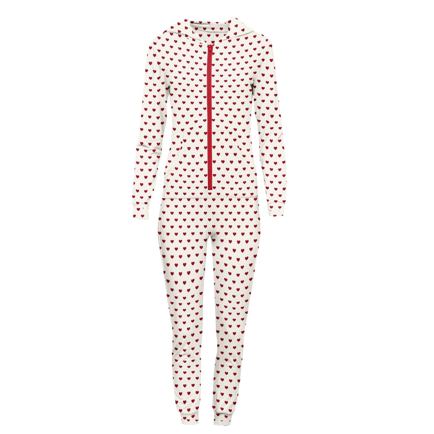 Women's Print Long Sleeve Jumpsuit with Hood in Natural Hearts