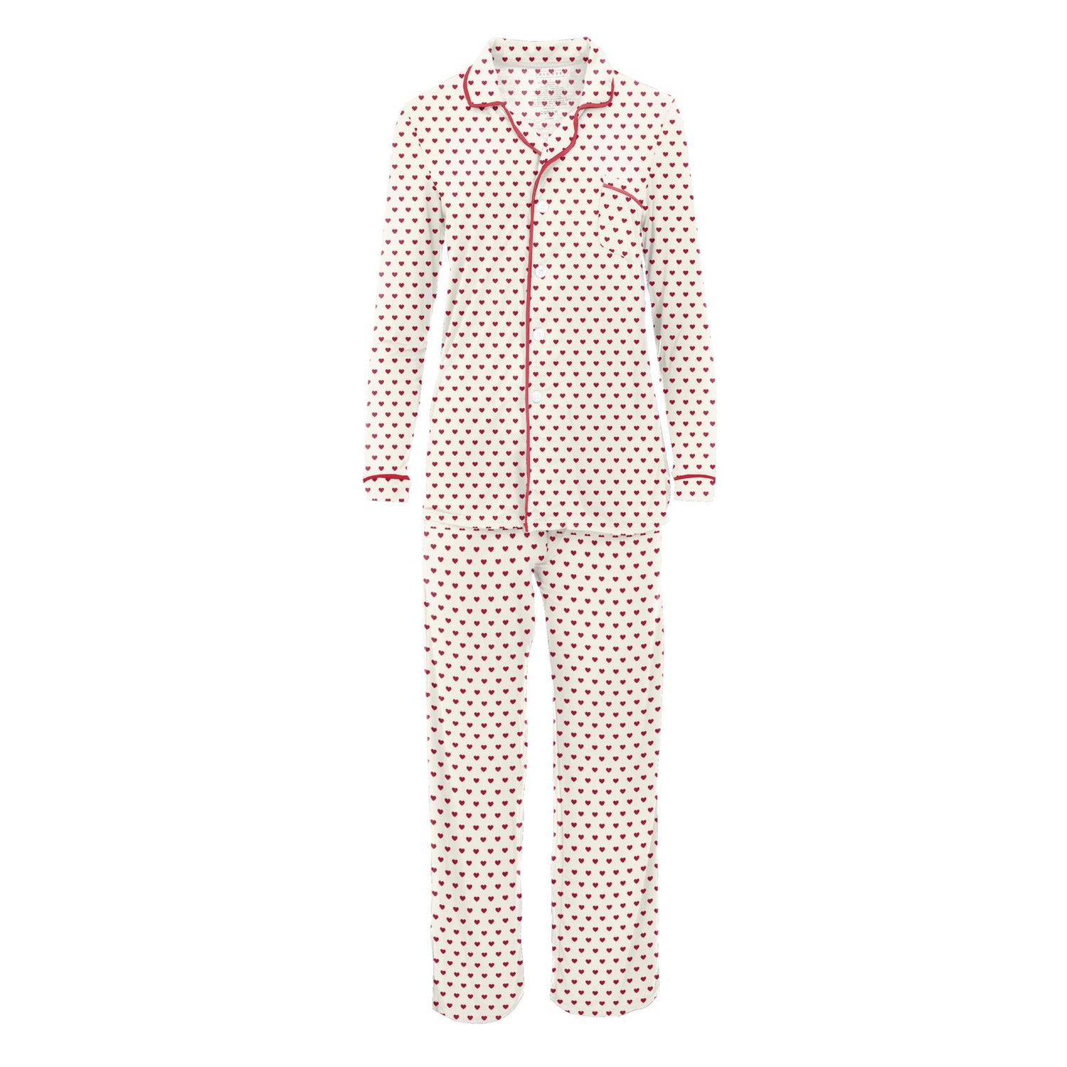 Women's Print Long Sleeve Collared Pajama Set in Natural Hearts