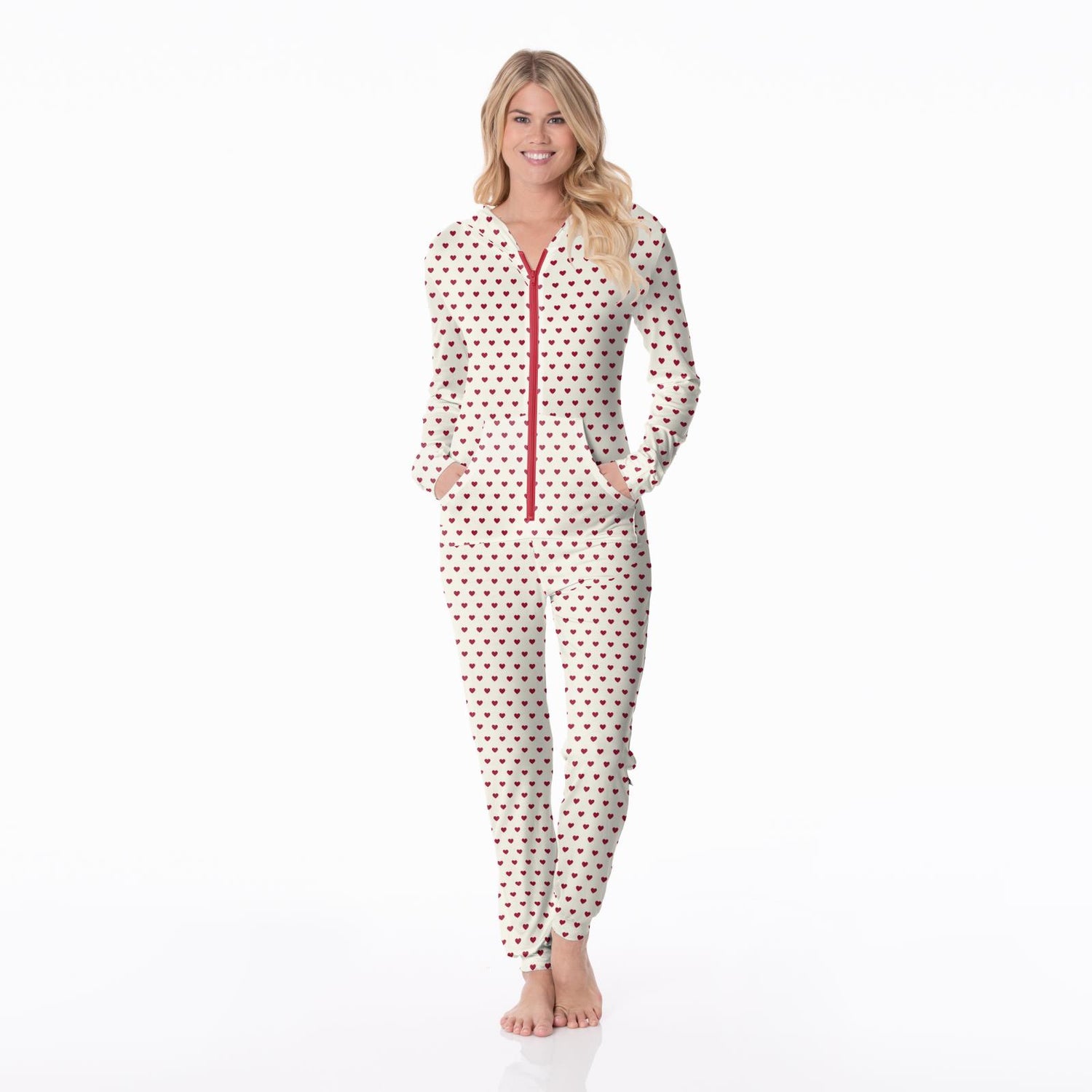 Women's Print Long Sleeve Jumpsuit with Hood in Natural Hearts