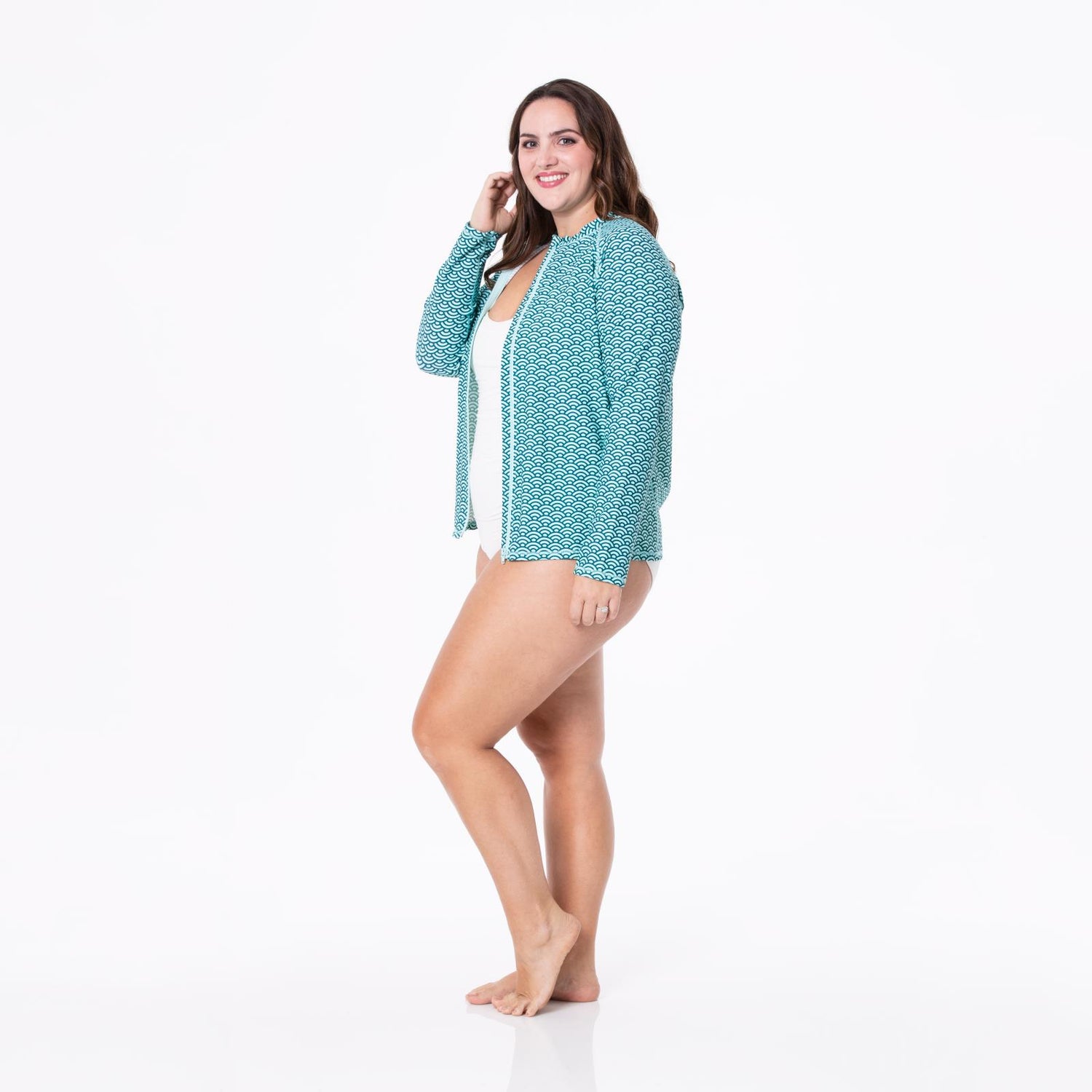 Women's Print Long Sleeve Swim and Sun Cover Up in Summer Sky Waves