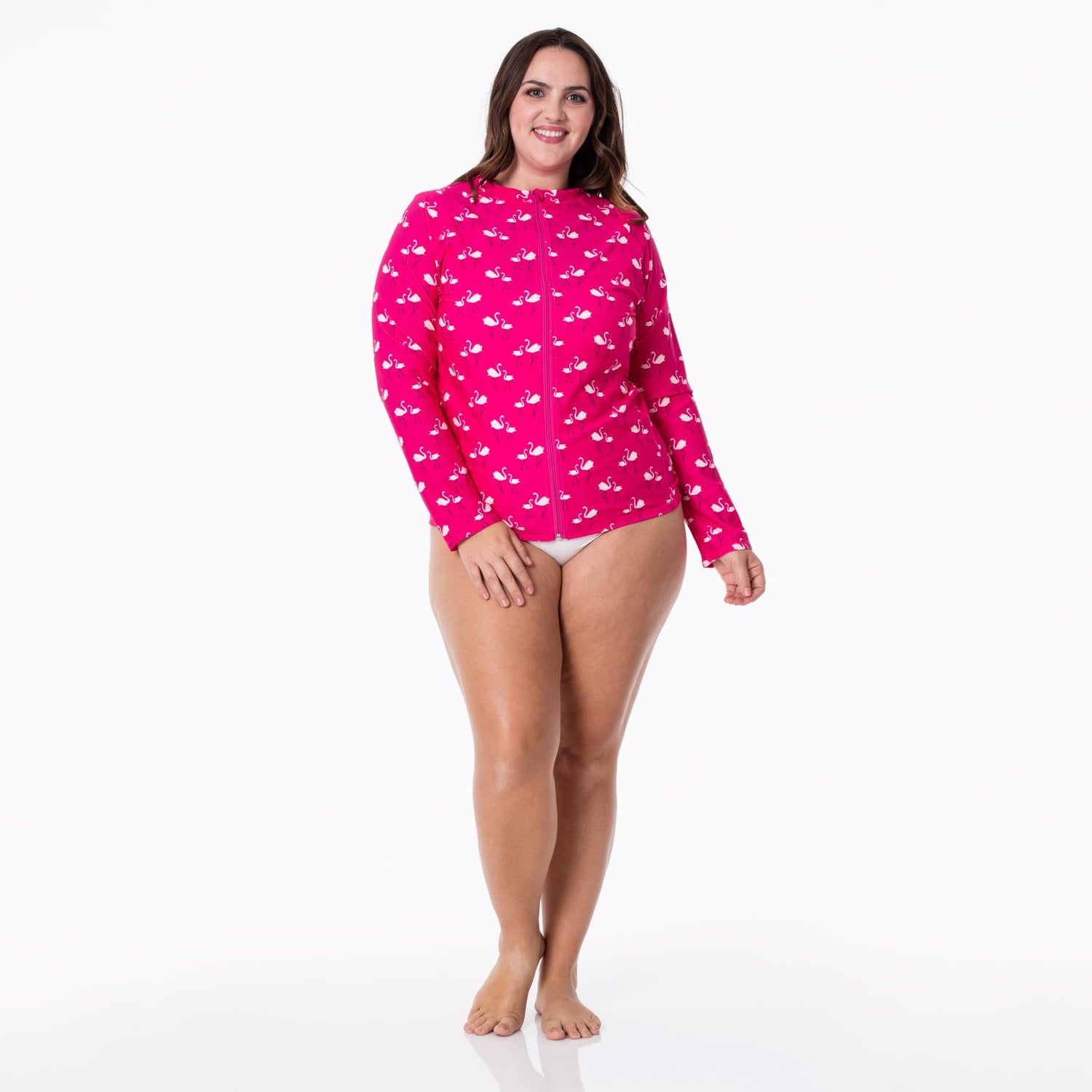 Women's Print Long Sleeve Swim and Sun Cover Up in Calypso Flamingos