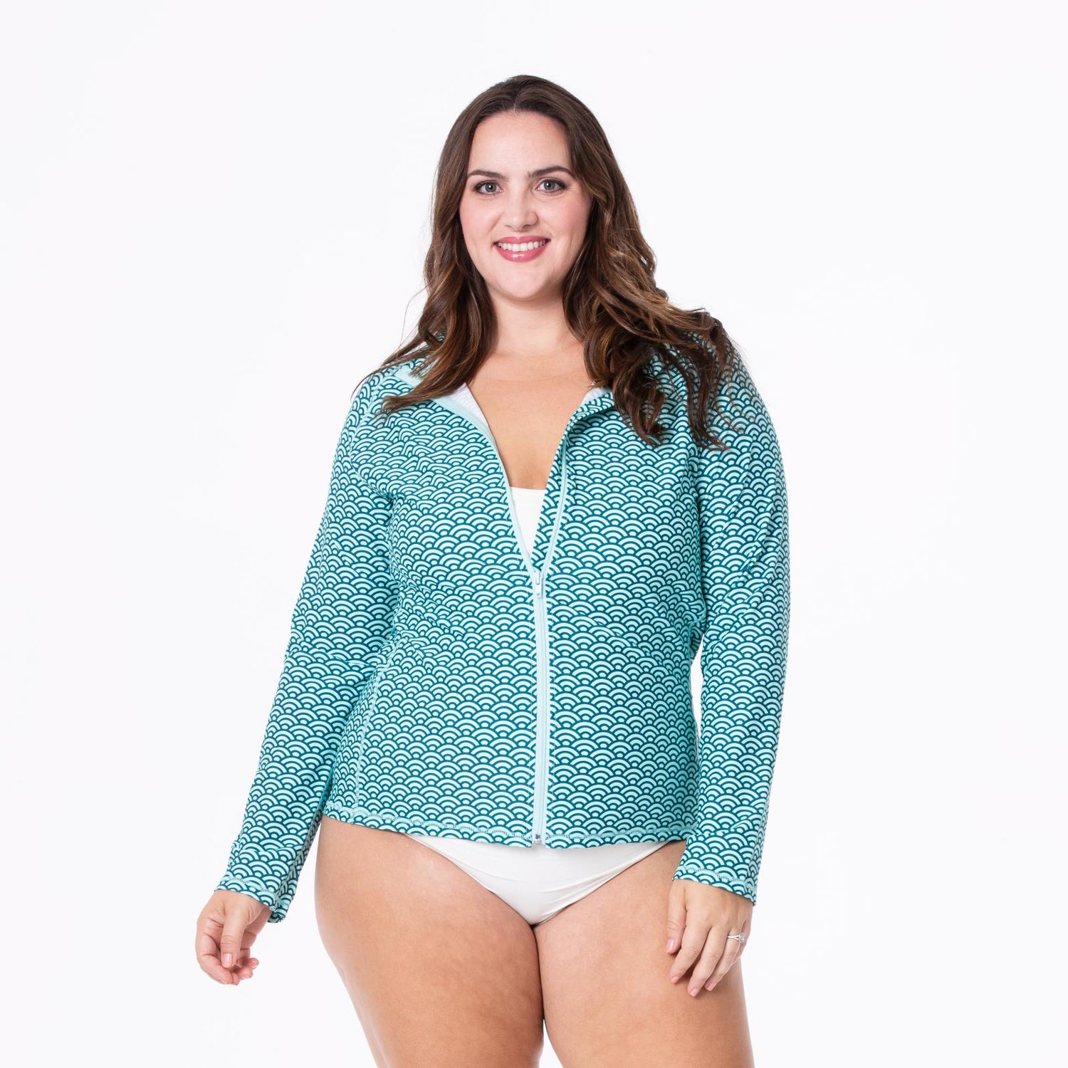 Women's Print Long Sleeve Swim and Sun Cover Up in Summer Sky Waves