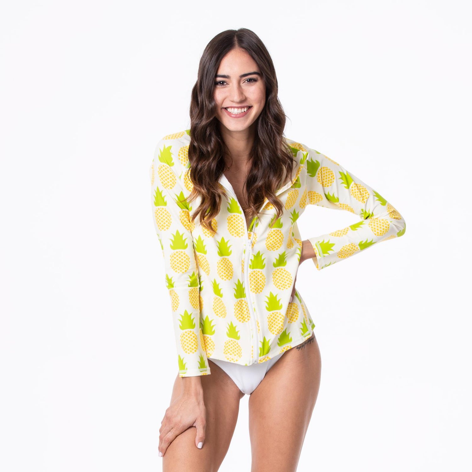 Women's Print Long Sleeve Swim and Sun Cover Up in Natural Pineapple