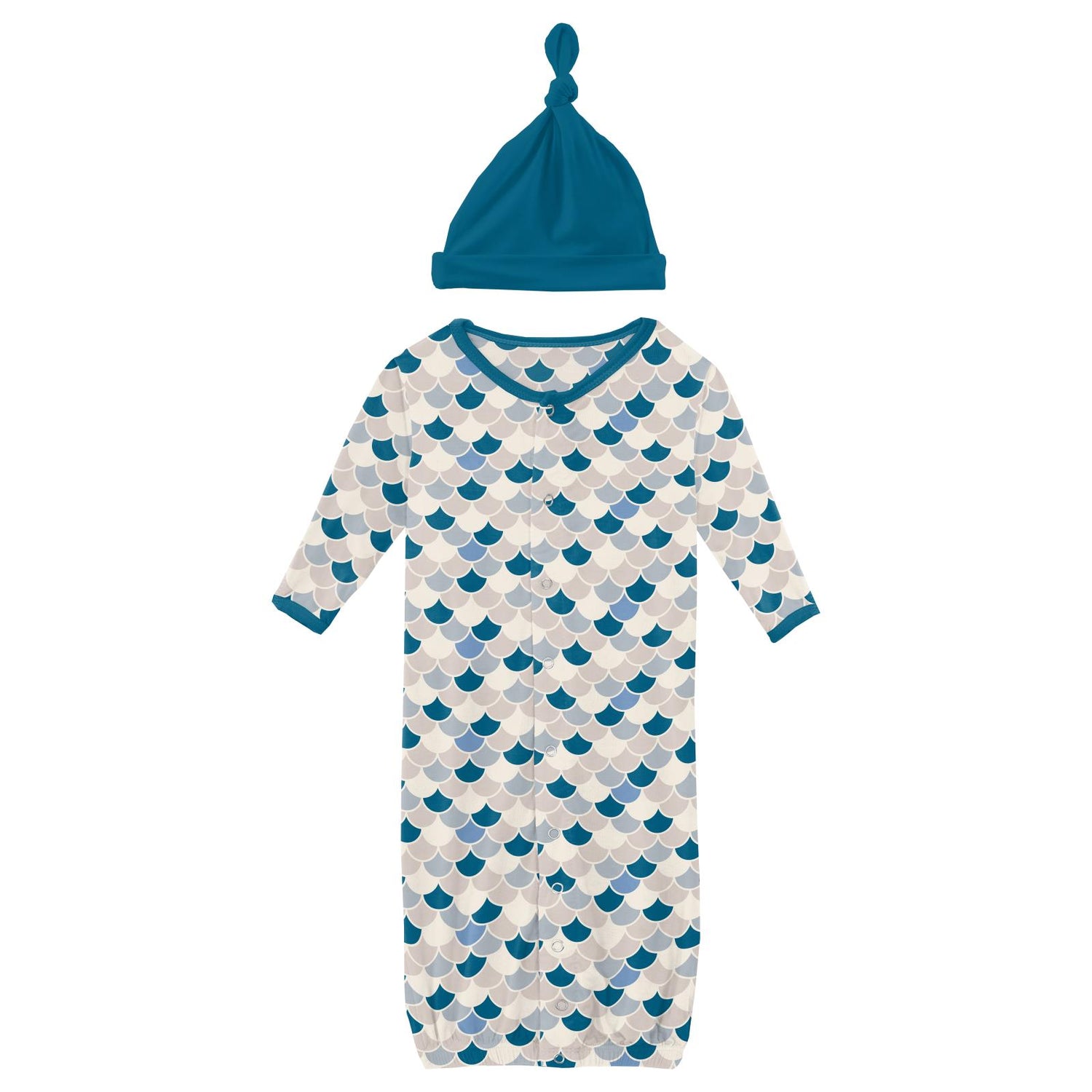 Print Layette Gown Converter & Single Knot Hat Set in Latte Scales