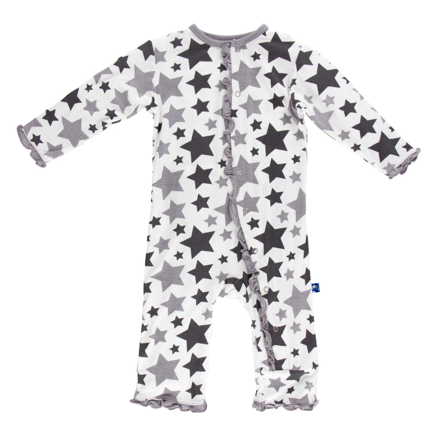 Print Classic Ruffle Coverall with Snaps in Feather/Rain Stars