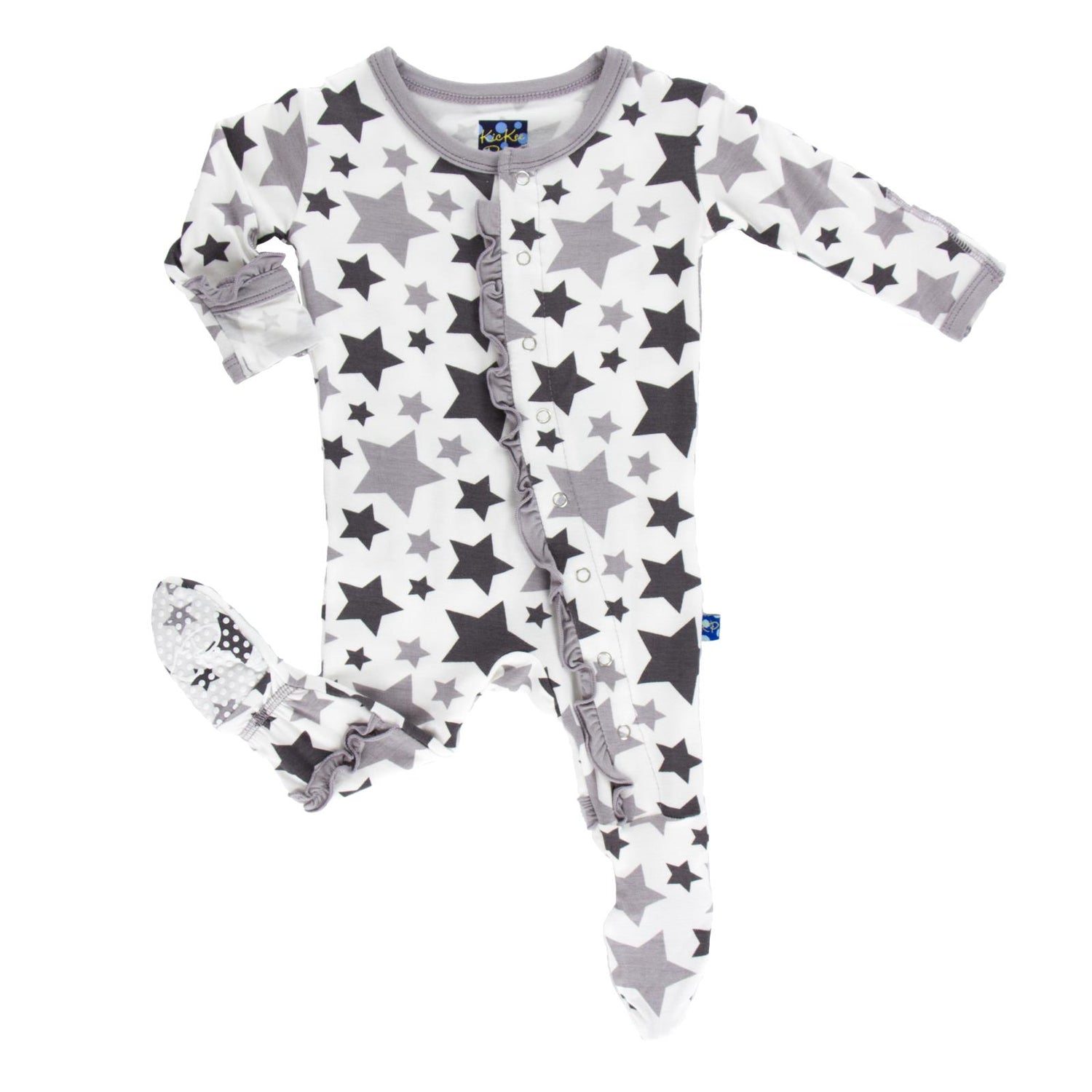 Print Classic Ruffle Footie with Snaps in Feather/Rain Stars