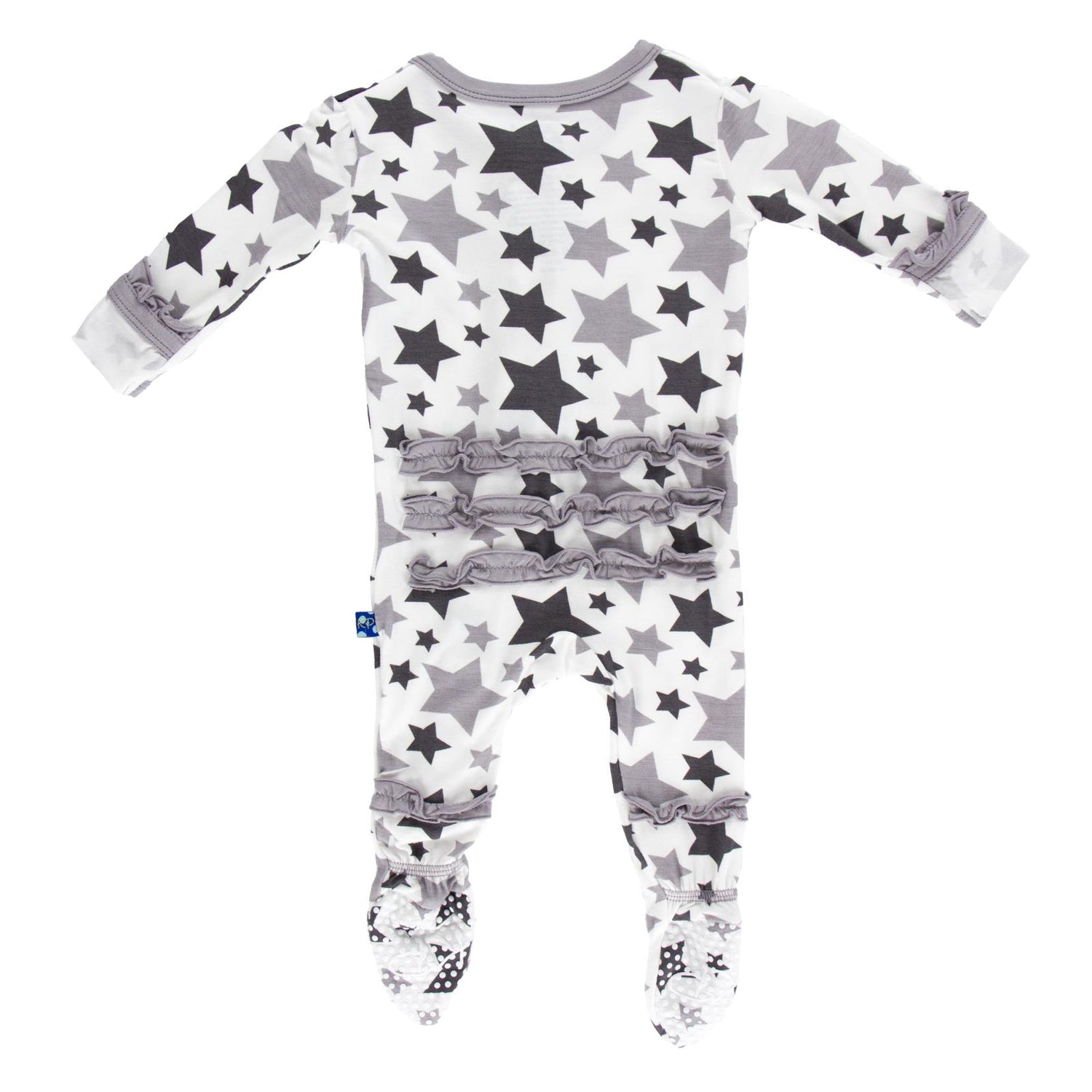 Print Classic Ruffle Footie with Snaps in Feather/Rain Stars